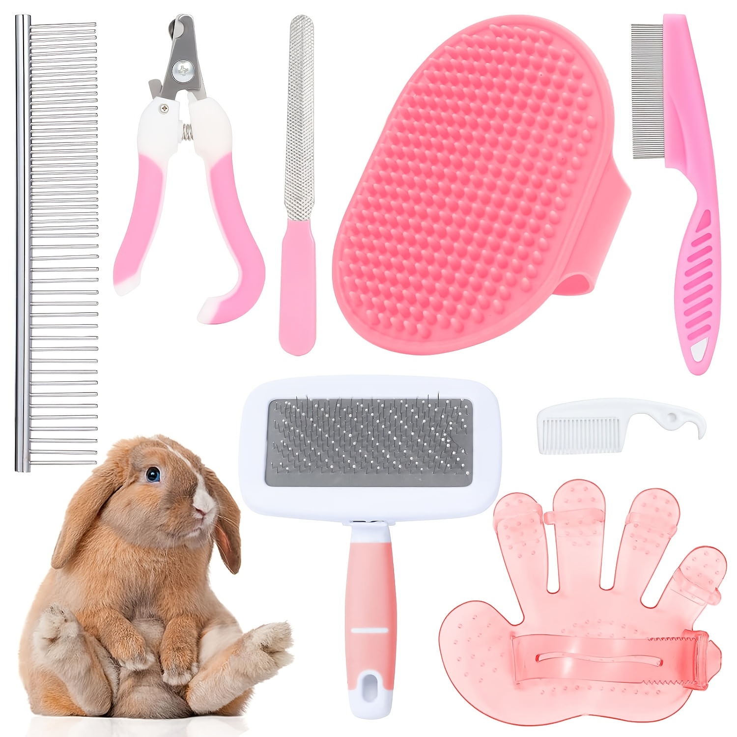 TEMU Rabbitandsmallpetgroomingkit-slickerbrush, Massageglove, Nailclipper, Fleacomb, Double-sidedbrushforrabbits, Guineapigs, Hamsters
