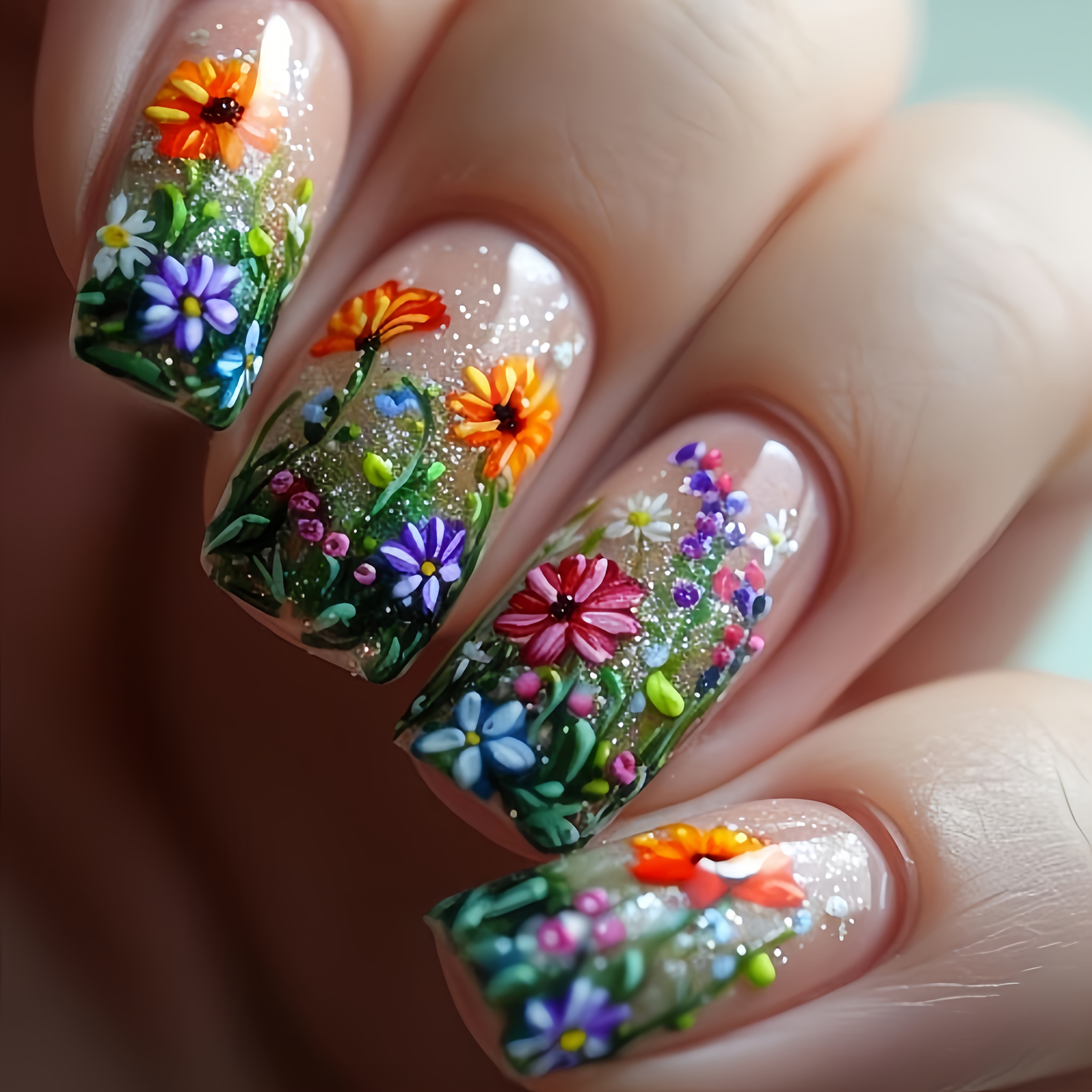 

24pcs Spring Floral Press-on Nails Set - Medium Square, Glitter , Mixed Colors - Fashionable & Easy To Apply False Nails For Women And Girls