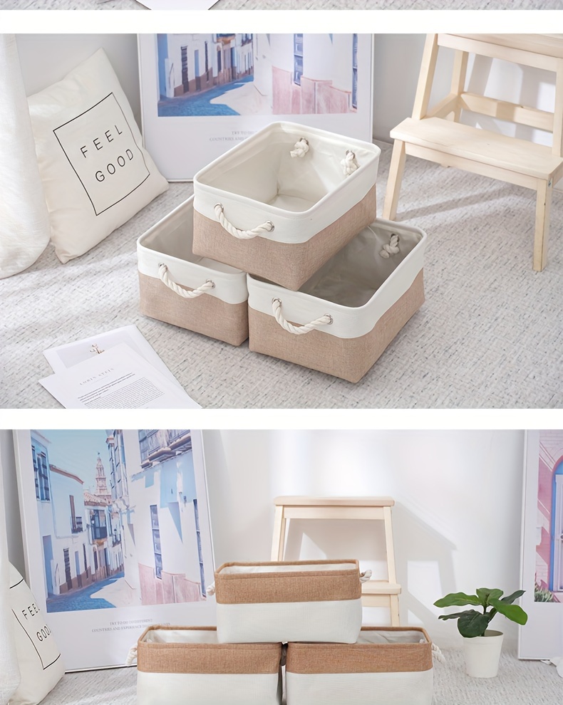 3pcs set large linen storage baskets decorative golden organizer cubes for clothes books toys supplies   shelf organization details 8