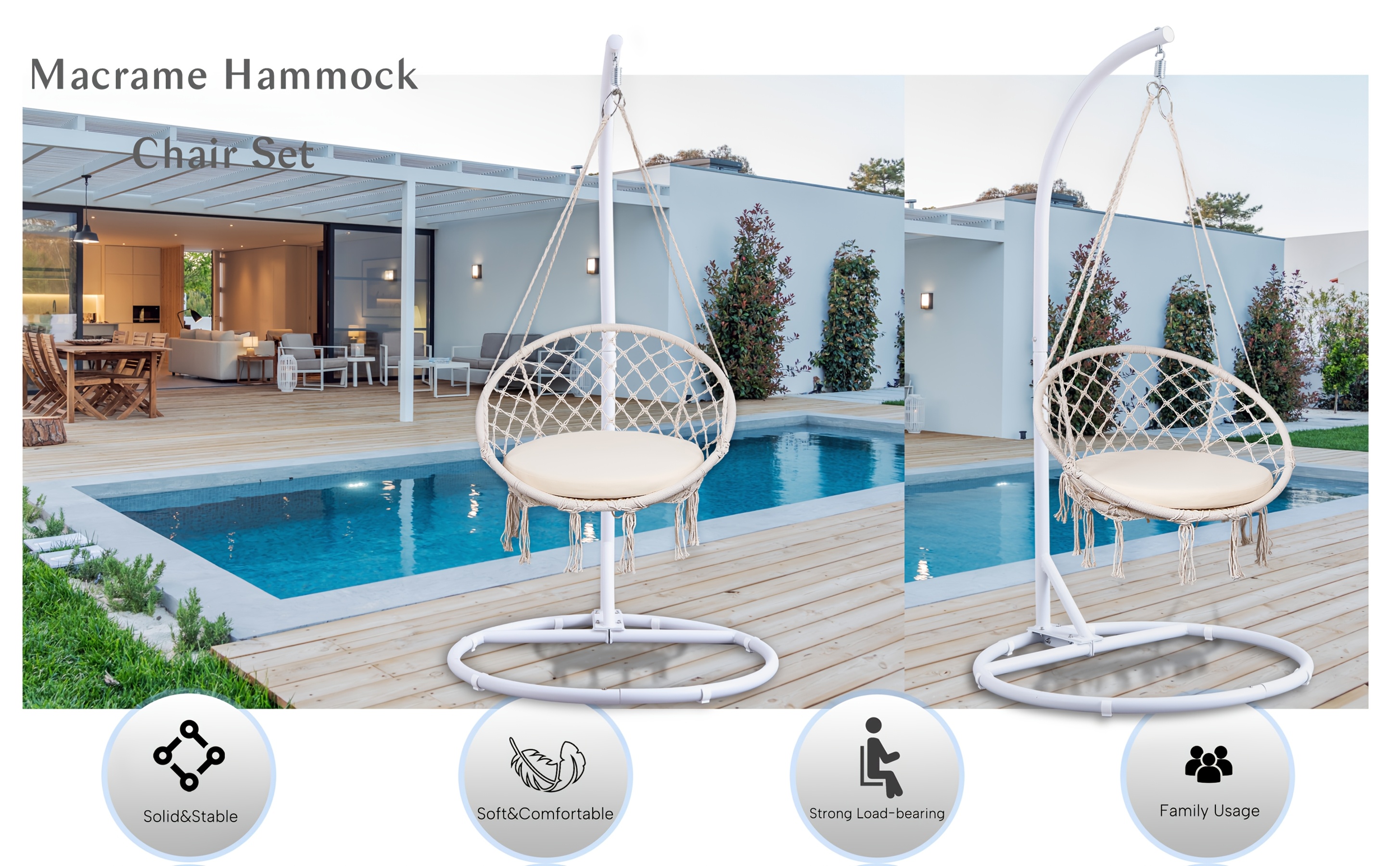 macrame hammock swing chair set including cushion and round base heavy duty hanging stand for outdoor patio garden   details 4