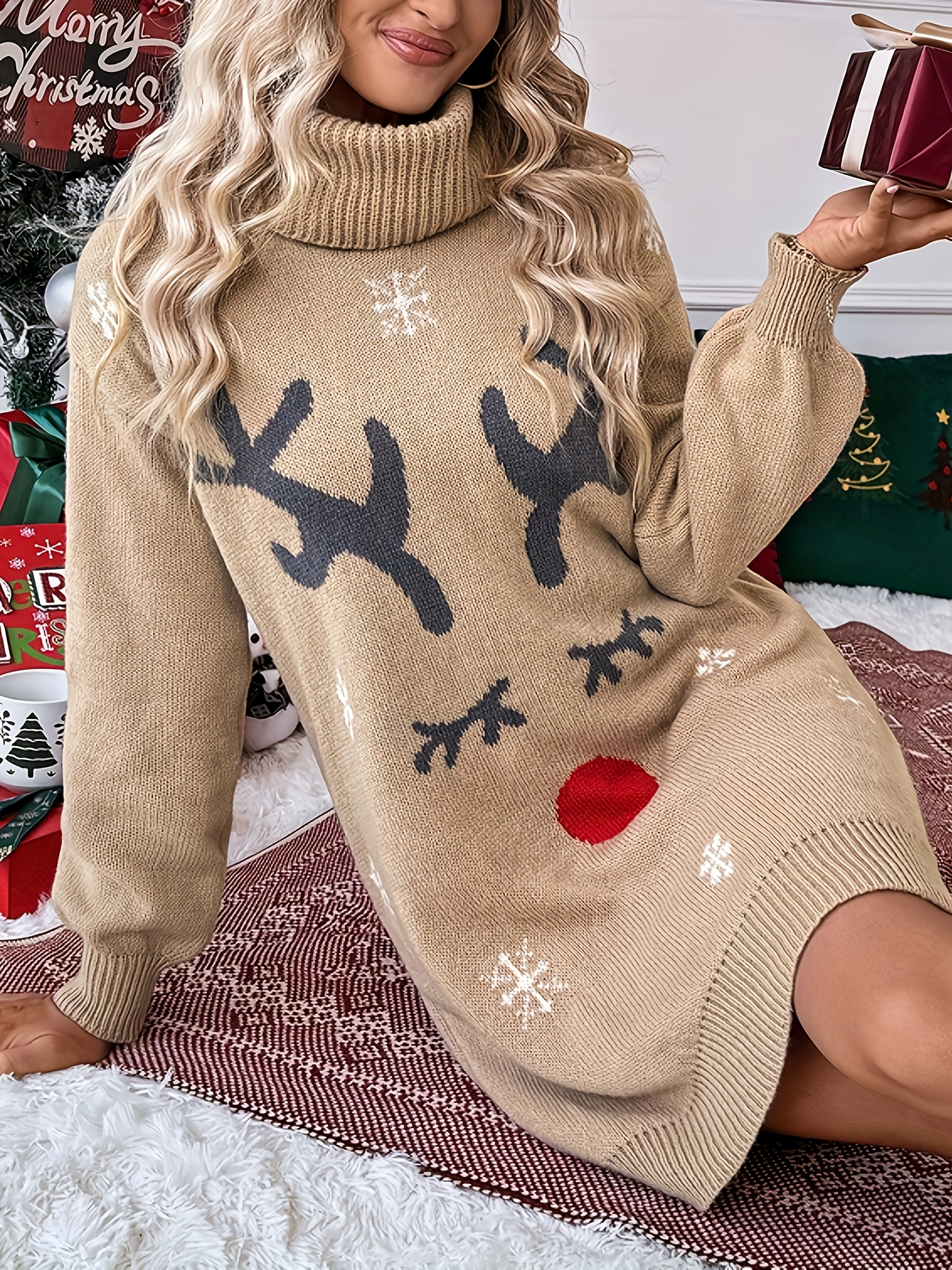 A Stylish Christmas Reindeer Patterned Loose-Fitting *-Length Sweater Dress  with a High Collar And Lantern Sleeves, Fashionable And * Suitable for  Autumn And Winter, Featuring European And *. Women'S ...