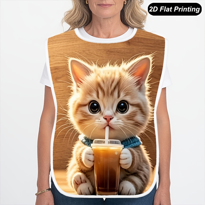 TEMU 1 bavoir pour adultes pour femmes, hommes et personnes âgées, tablier de imprimé plat 2D "Café Chat", bavoir d'alimentation pour adultes, fêtes,