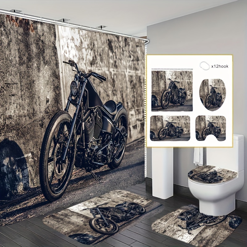 

1/4pcs Creative Motorcycle Pattern Shower Curtain Set, Bathroom Vintage Shower Curtain, Waterproof Shower Curtain, Bathroom Rug, Toilet U-shaped Mat, Toilet Cover, Bathroom Decoration With 12 Hooks