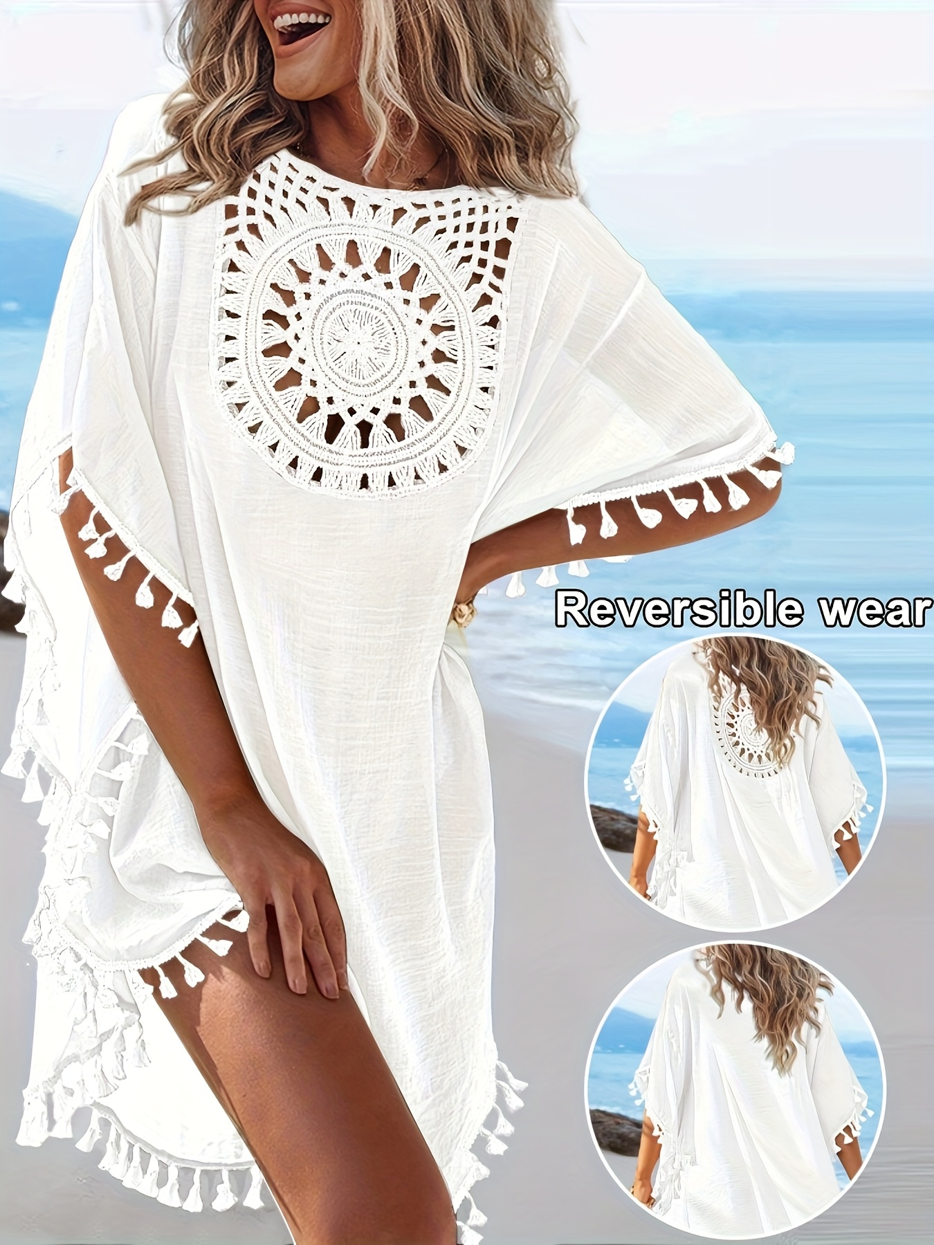 womens spring summer reversible lace   round neck batwing short sleeve tassel hem beach vacation cover up sunscreen shirt