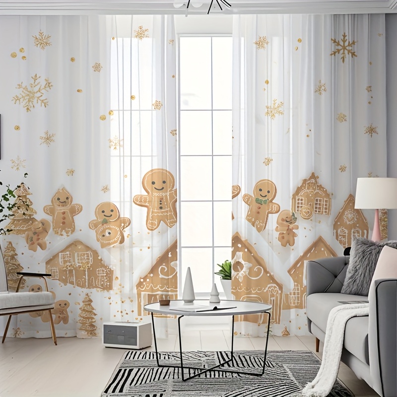 TEMU 2pcs Rideau Maison d'Épices de Noël | Chiffon Semi-Transparent, Adapté à Divers Types de Pièces, Lavable en Machine, Idéal pour Chambre à