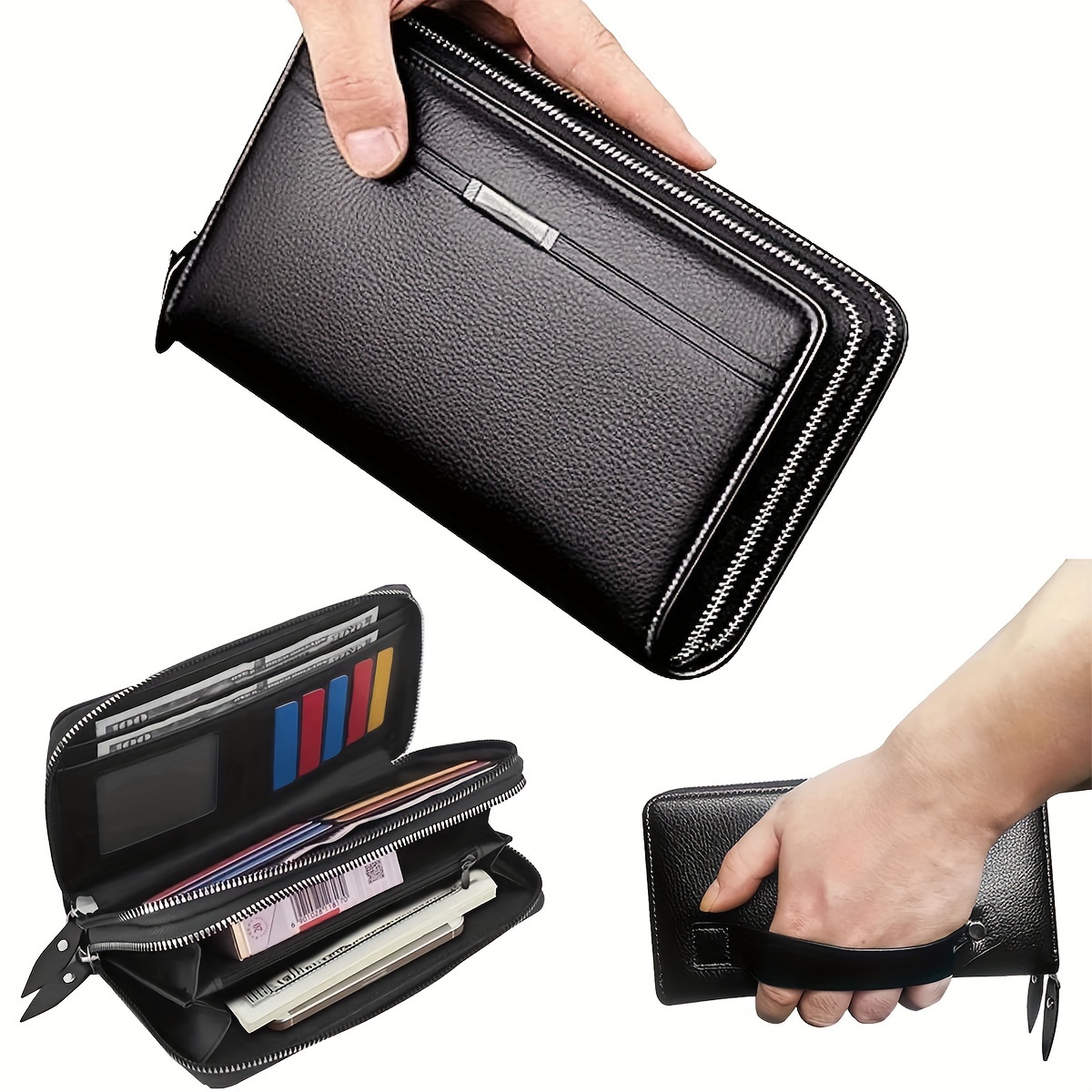 

Men's Sleek Leather Clutch Wallet - Large Capacity, Dual Zipper Design With Card & Coin Slots - Business Or Casual Use