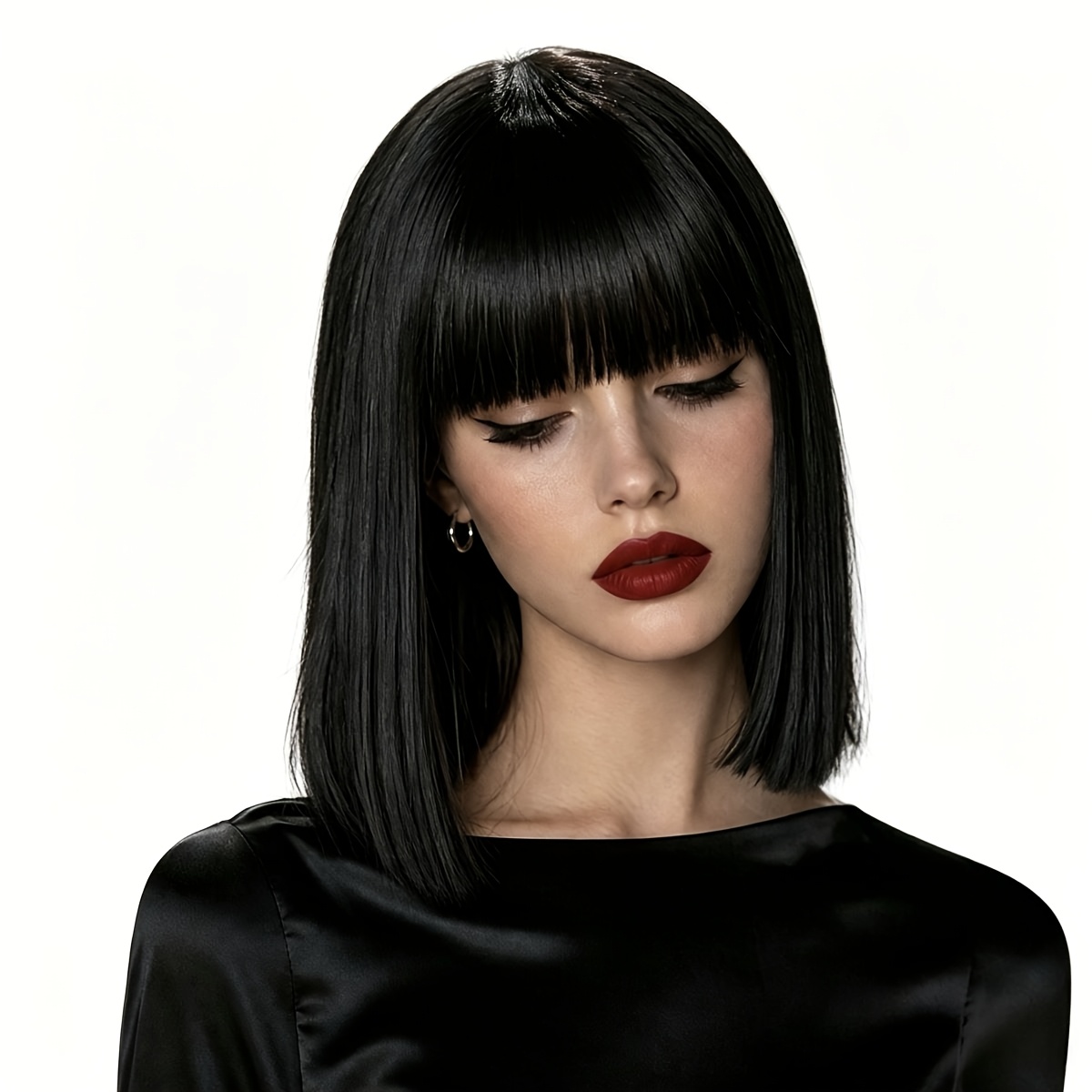14 inch black straight bob wig with bangs for all women glueless   synthetic wig heat resistant soft lightweight breathable full thick no shedding no tangling beginner friendly daily party cosplay dating travel