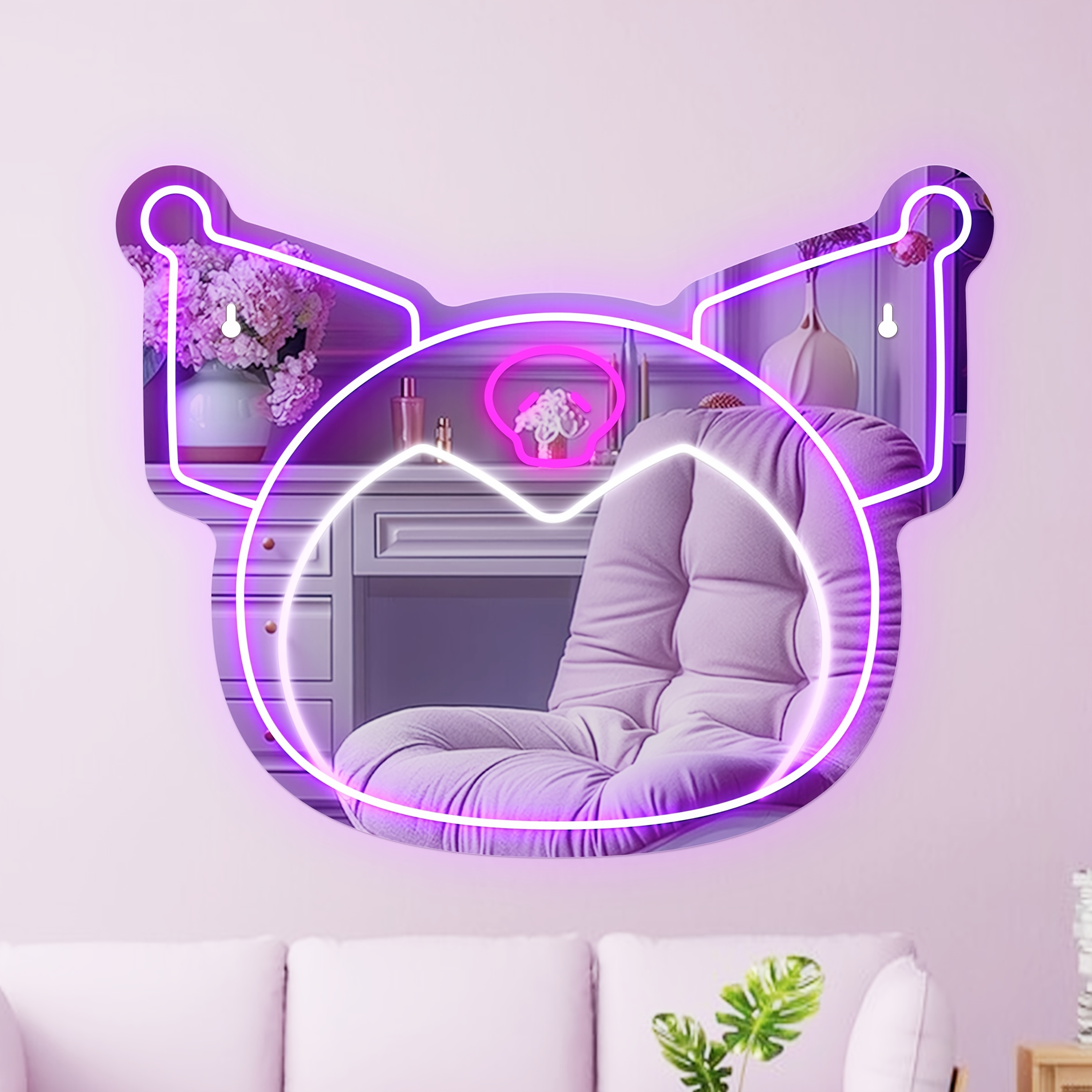 TEMU 1pc Decorative Cute Cartoon Style Led Mirror Neon Light Mirror, Kuromi Style. The Brightness Is Adjustable. Wall Mounted Wall Mirror, Room