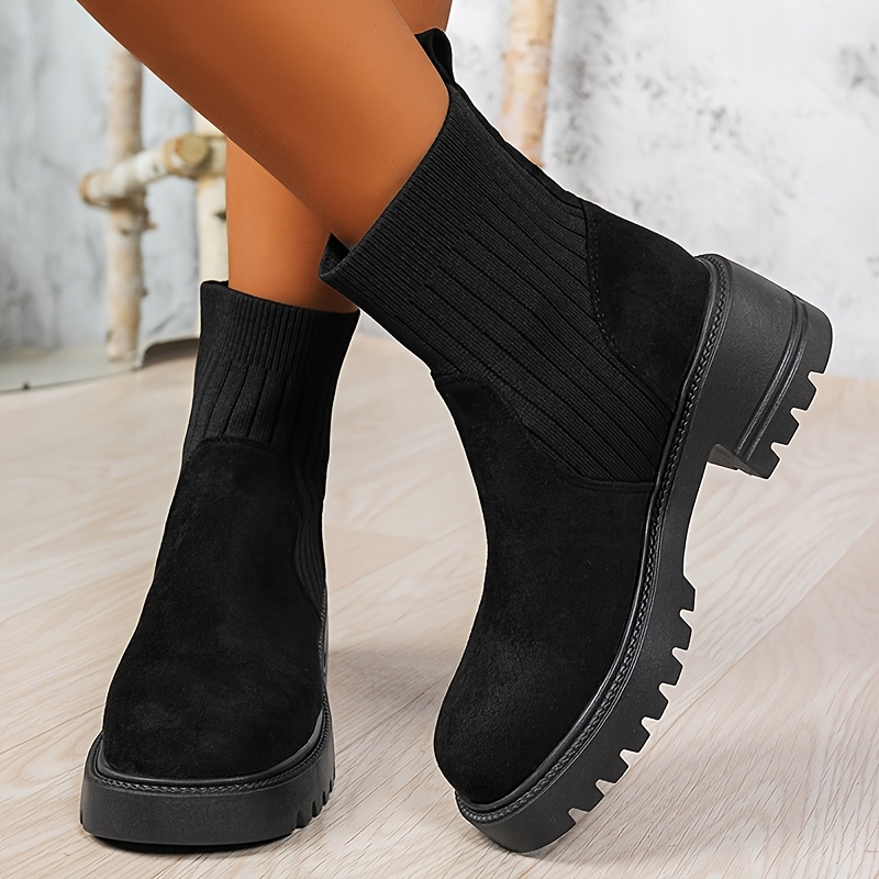 женские слипоны на среднем каблуке | толстая подошва | удобный трикотажный   и резиновая подошва |     для повседневной и официальной носки | стильные коричневые ботинки 3