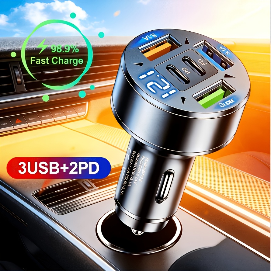 2026 car charger super fast charging high   display phone charger multiple usb ports pd 3 usb ports 2 pd ports five   charger for iphone for samsung car   compact and portable safe