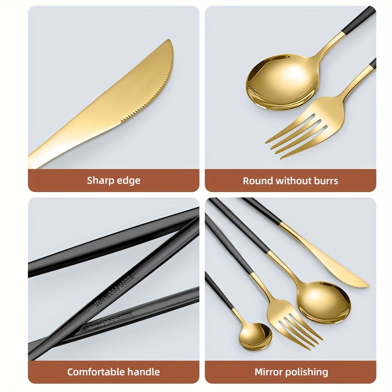 24 30pcs portuguese stainless steel cutlery set 6 person high end   polished tableware with steak knife salad fork dessert spoon dishwasher safe rust resistant suitable for   party recommended christmas gift black golden tableware set Product details 2