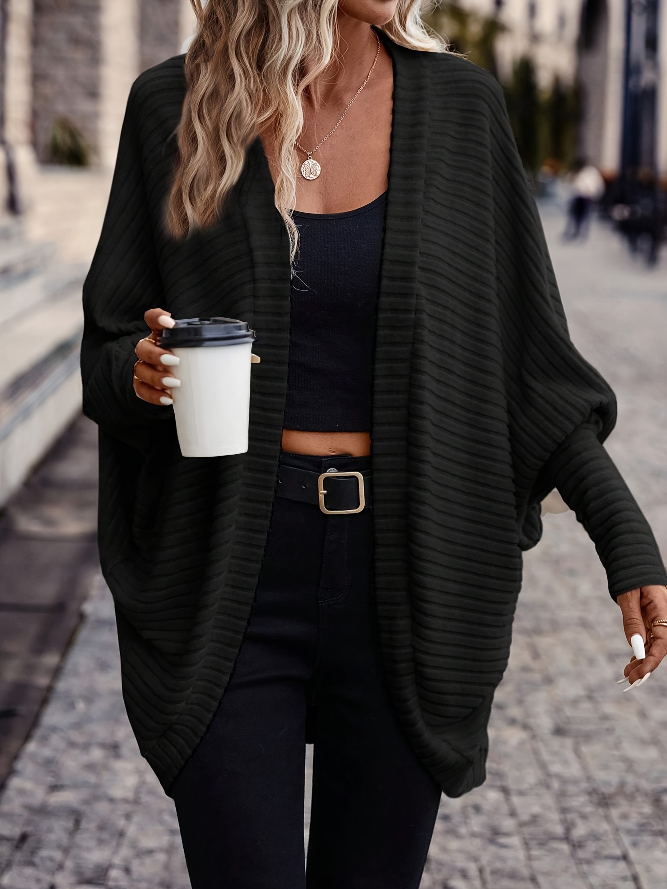 elegant directional and womens solid color batwing sleeve open front casual jacket autumn