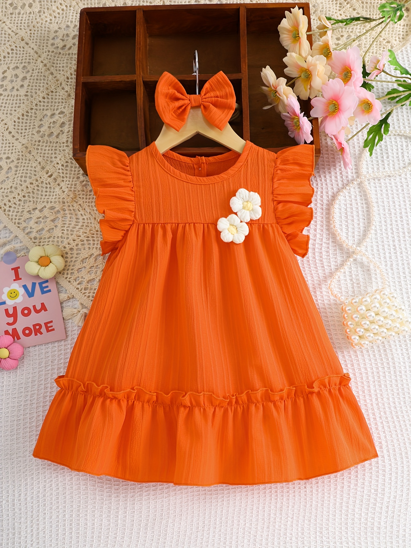 Baby Girls' Crocheted Flower Flutter Sleeve Dress – Sweet Floral Two-Piece Set