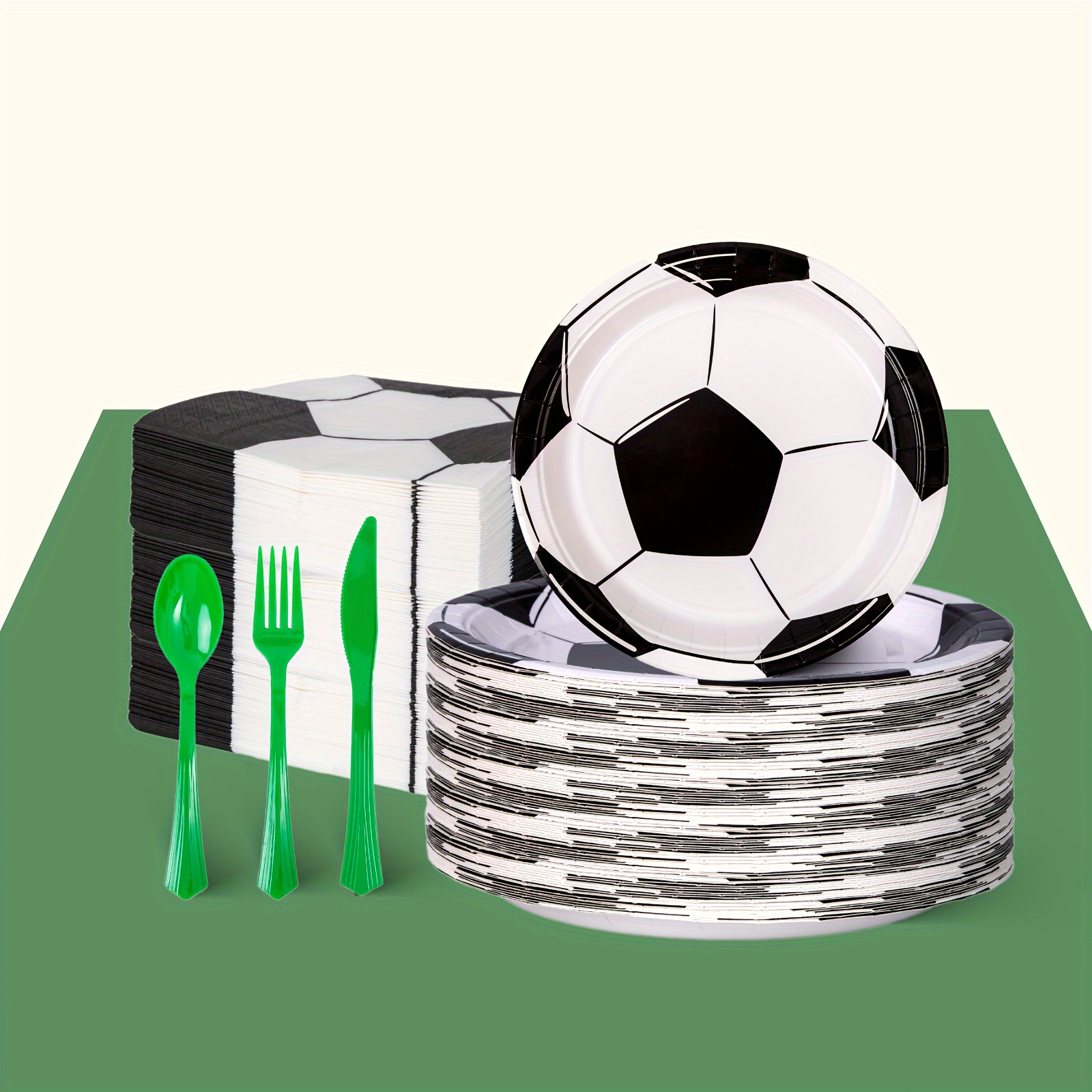 

300pcs Football Party Tableware, 7 Inch, 9 Inch Dinner Plate + Paper Towel + Knife, Fork And Spoon 50pcs Each, Very Suitable For Holiday Party Gatherings, High Quality Holiday Gifts