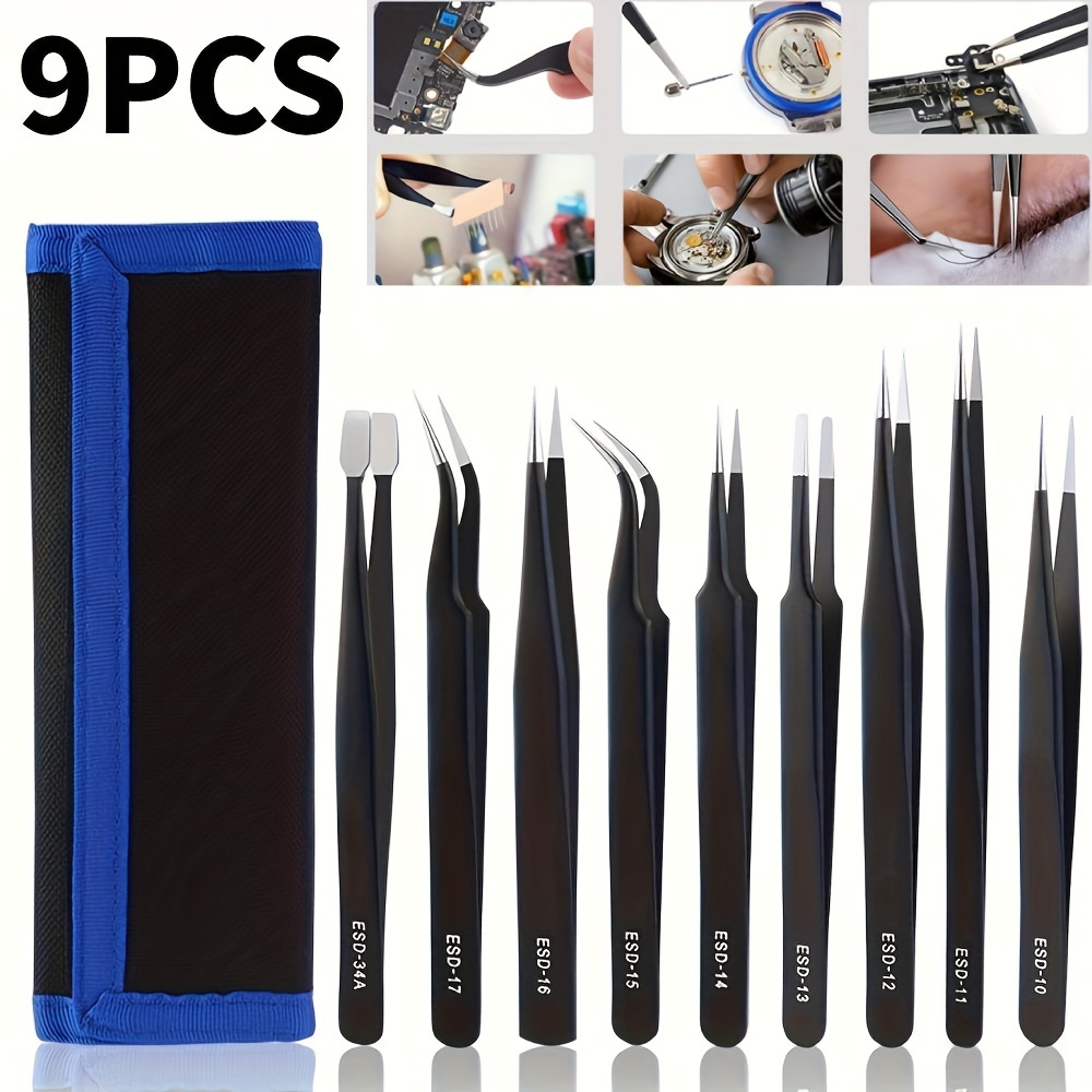 

9pcs Tweezers Assortment Stainless Steel Multifunctional Tweezers Set For Electronic Repair