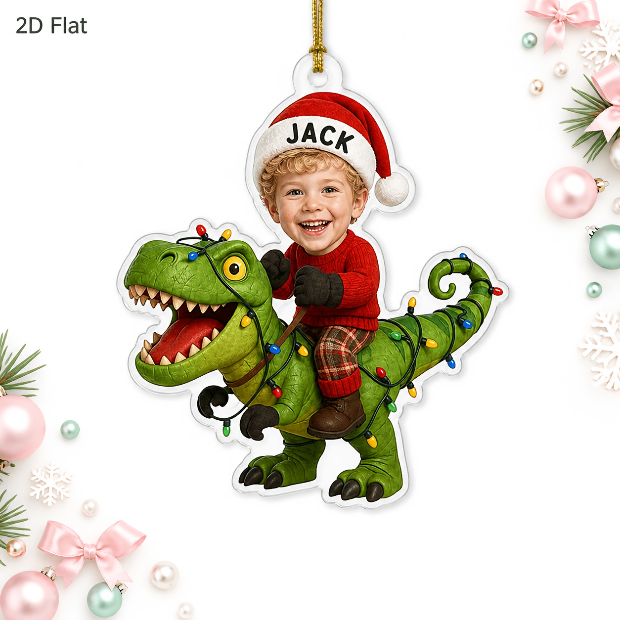 TEMU Custom 2d Flat Acrylic Christmas Ornament, Custom Face, Custom Name On Santa Hat, Dinosaur Rider With Christmas Lights, Xmas Tree Hanging