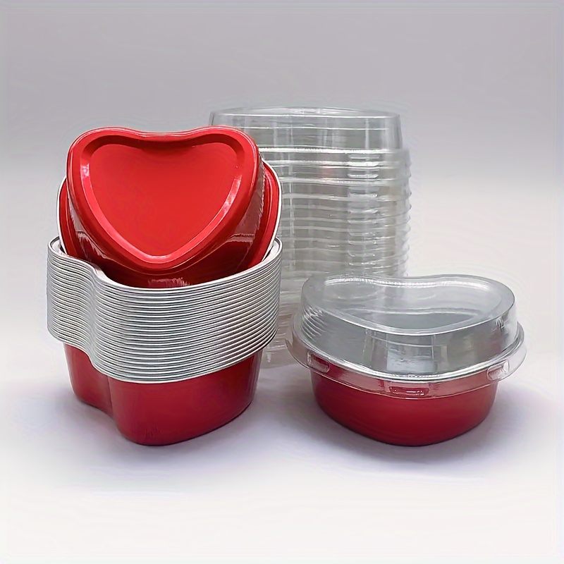 

50pcs Heart-shaped Aluminum Foil Cake Cup With Lid, Heat-resistant Baking Cup With Lid And Heart-shaped Pudding Cake Cup Are Very Suitable For Valentine's Day, Wedding, Day, Birthday And Christmas!