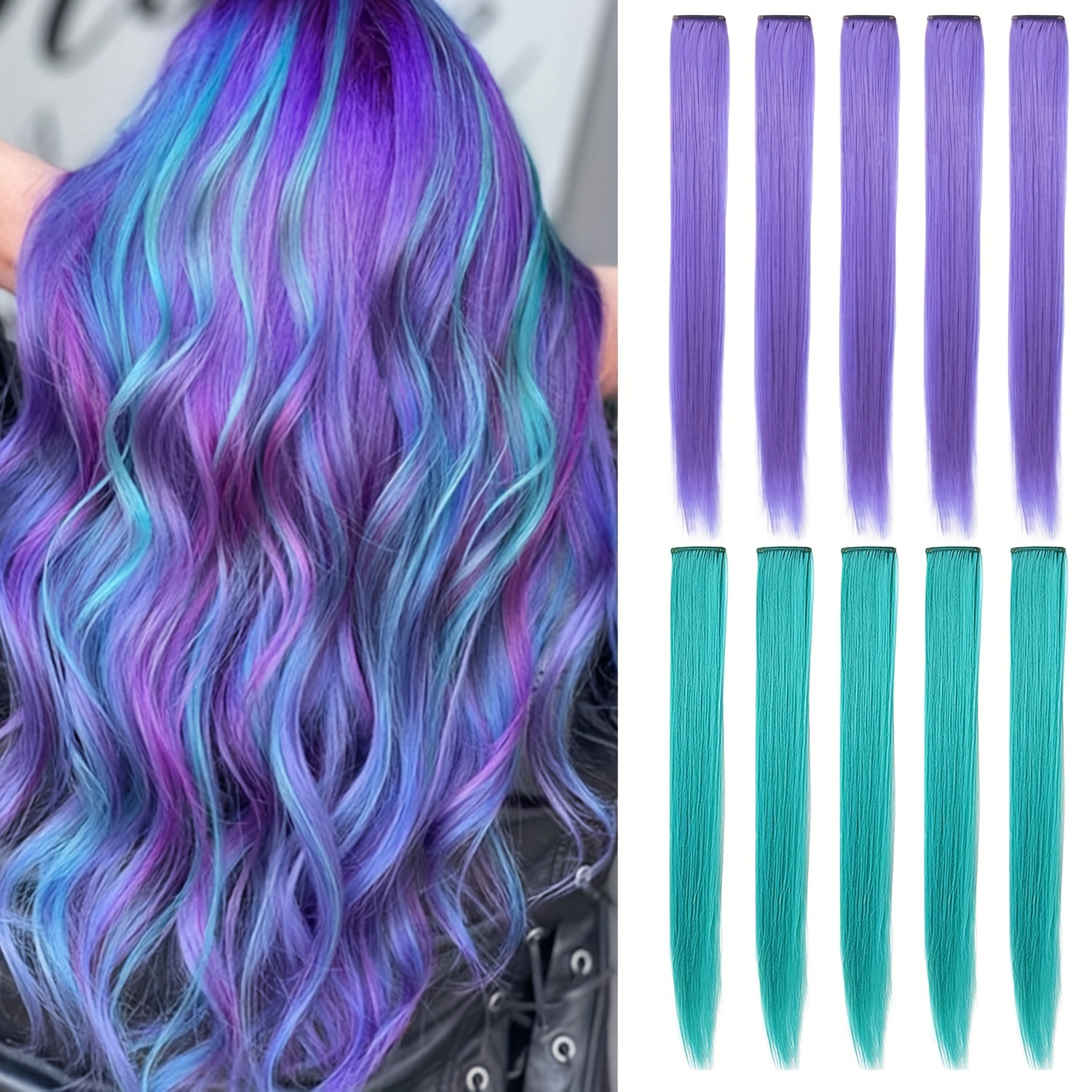Image of 10pcs Colored Hair Extensions, Clip In Hair Extension Highlight Colorful Hair Piece Straight Synthetic Light Blue Clip In Hairpieces For Women Costumes Used