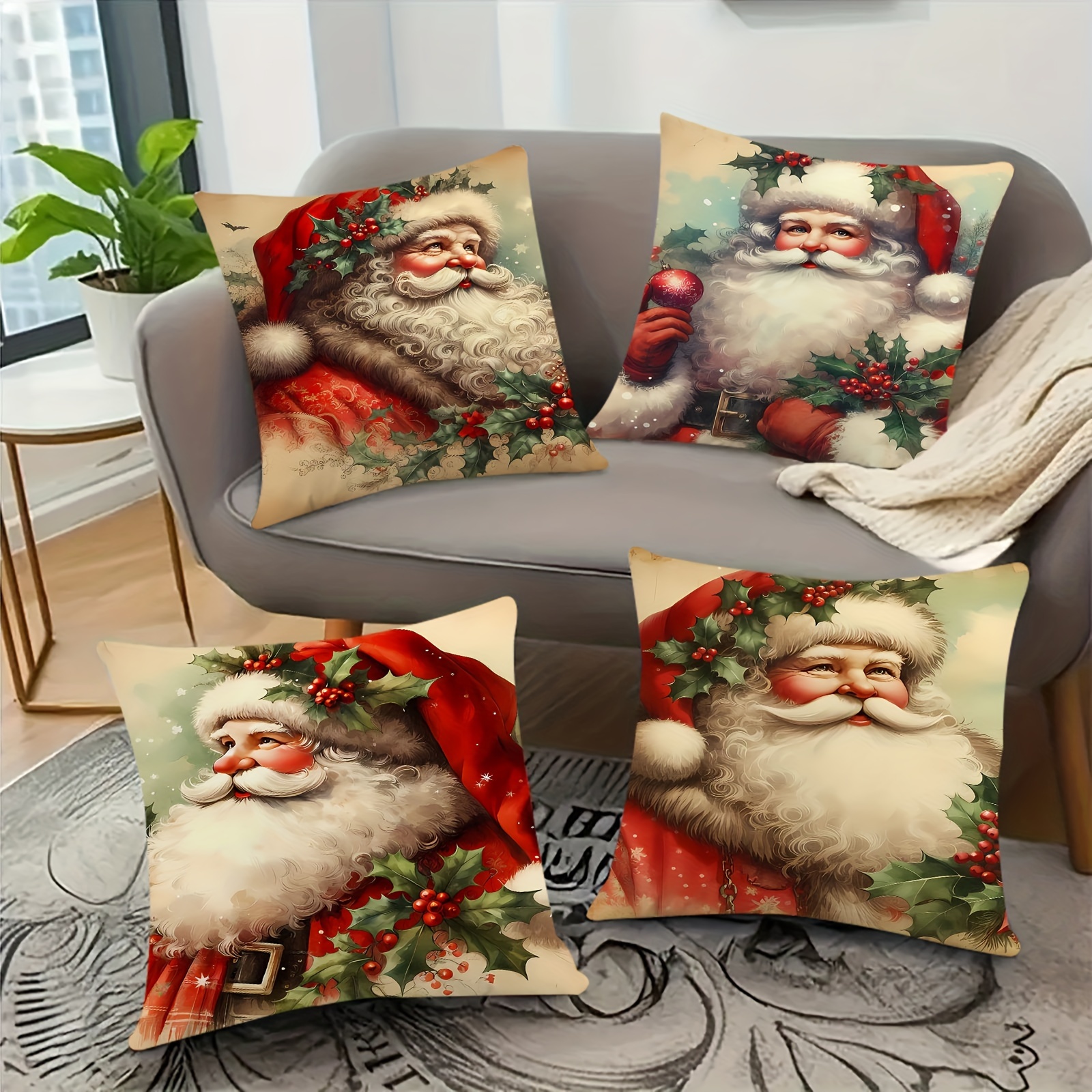 

Country-rustic Style Santa Claus Throw Pillow Covers 4-pack, Machine Washable Zippered Microfiber Cushion Cases, Festive Home Decor For Sofa And Bedroom, 18x18 Inches