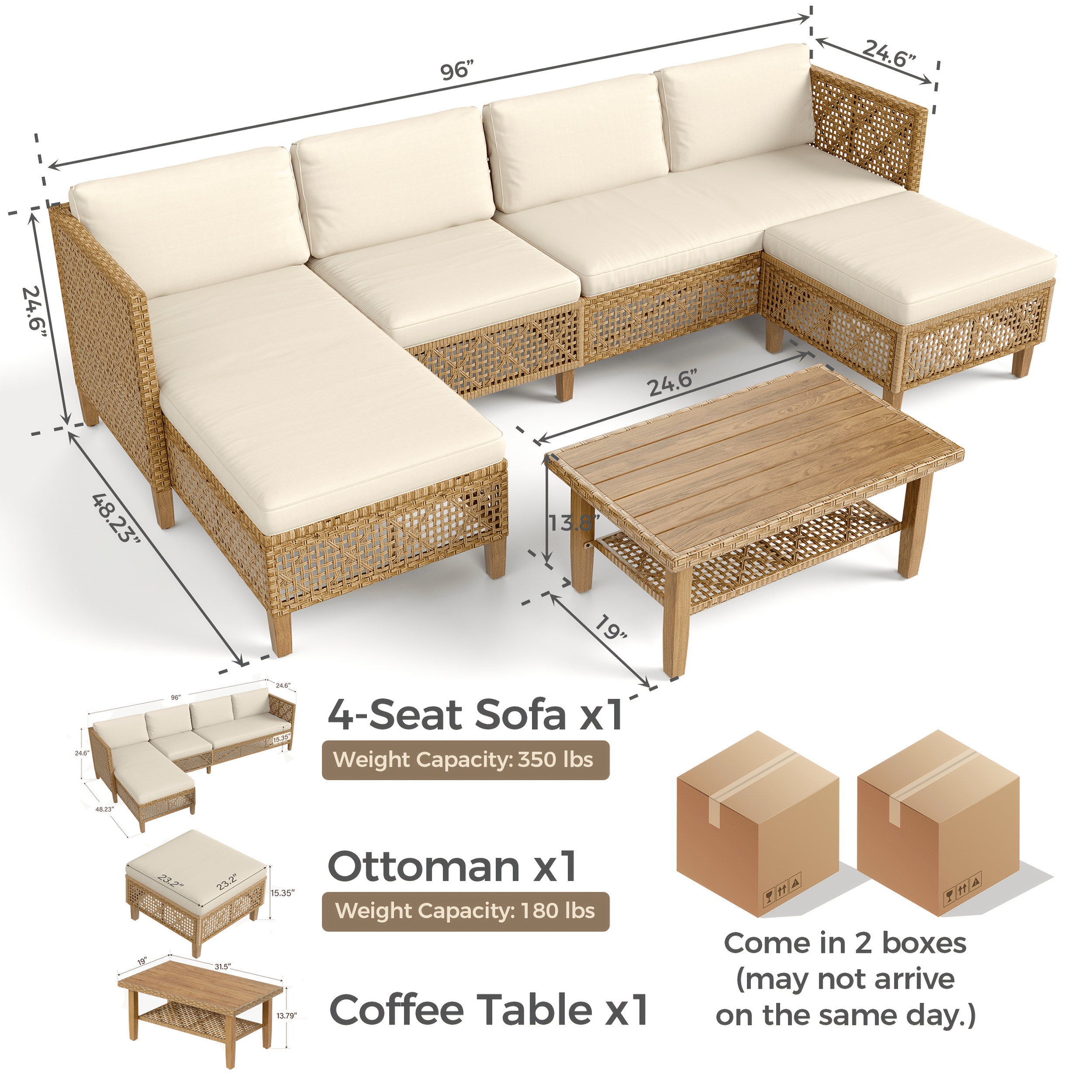 [Boho Wicker Patio Set] 1/2 Packages Shipping MixPatio Boho Wicker Patio Furniture Sofa Set, 3/6 Seaters, Outdoor Rattan Sectional Sets Conversation Set - Weather-Resistant, With Dual Storage Coffee Table for Garden, Patio & Deck