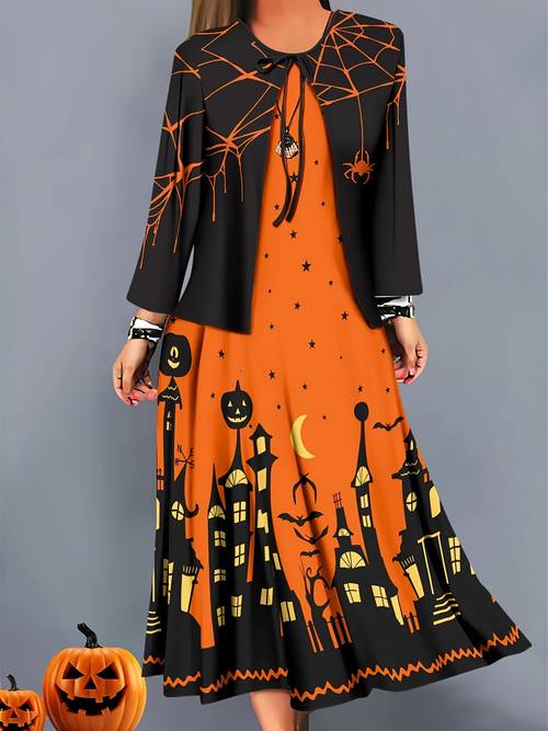 item picture autumn and womens outfit featuring a halloween castle print a long sleeve cardigan with a dress a two piece set