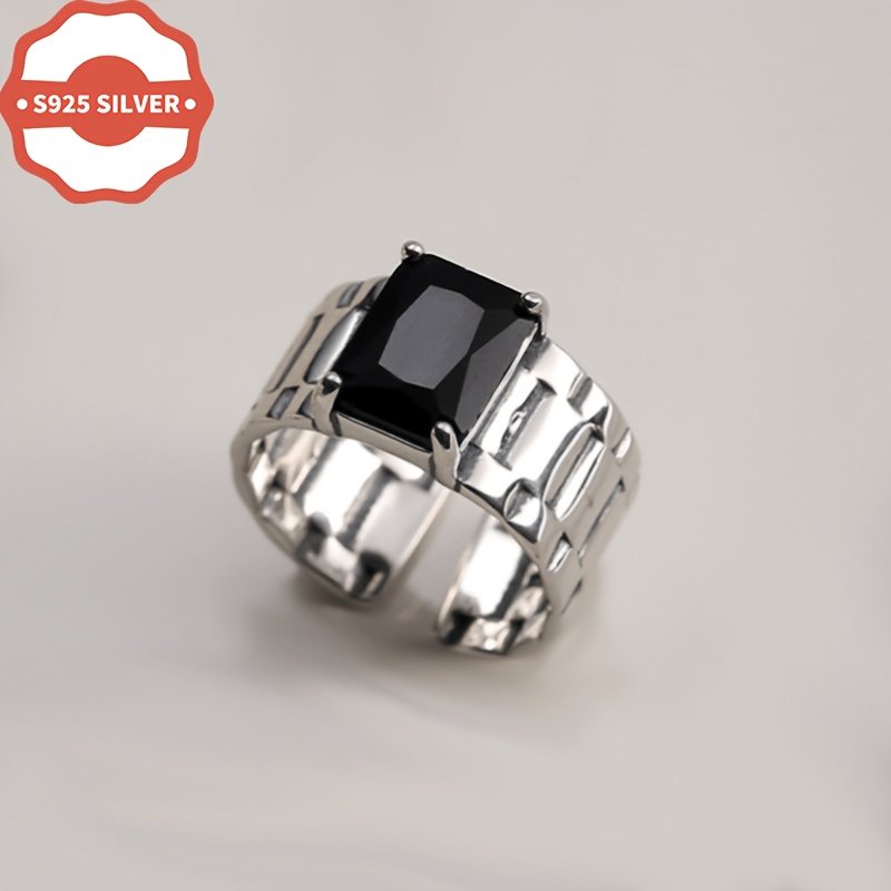 TEMU 925 Hypoallergenic Fashionable Rectangular Black Square Ring, Unisex Wide Band Ring With Design, Suitable For , A Gift For , Gift Packaging With