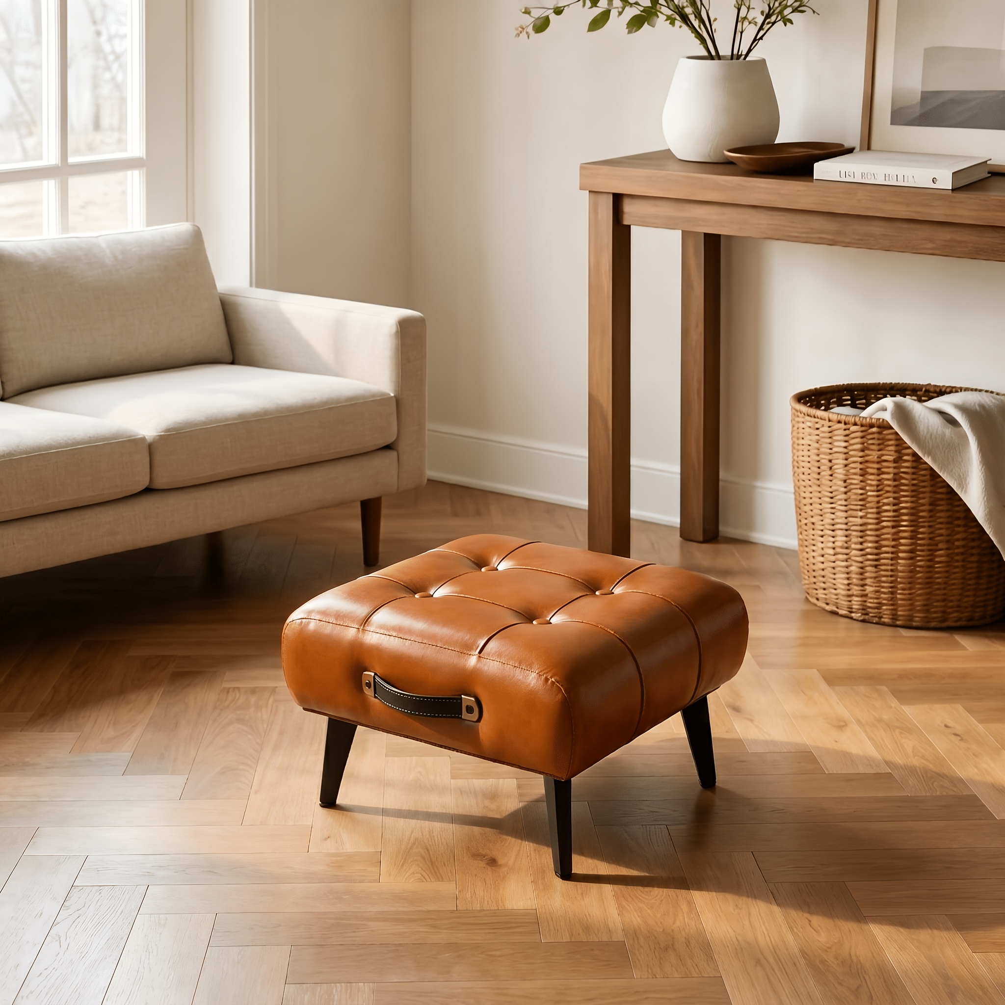 High- Wax Faux Leather Footstool, Multi- And Living Room Side Table, Modern Minimalist Style, Suitable For Living Room, Bedroom, Entrance, With Shoe Cabinet Storage Function, Entrance Decoration
