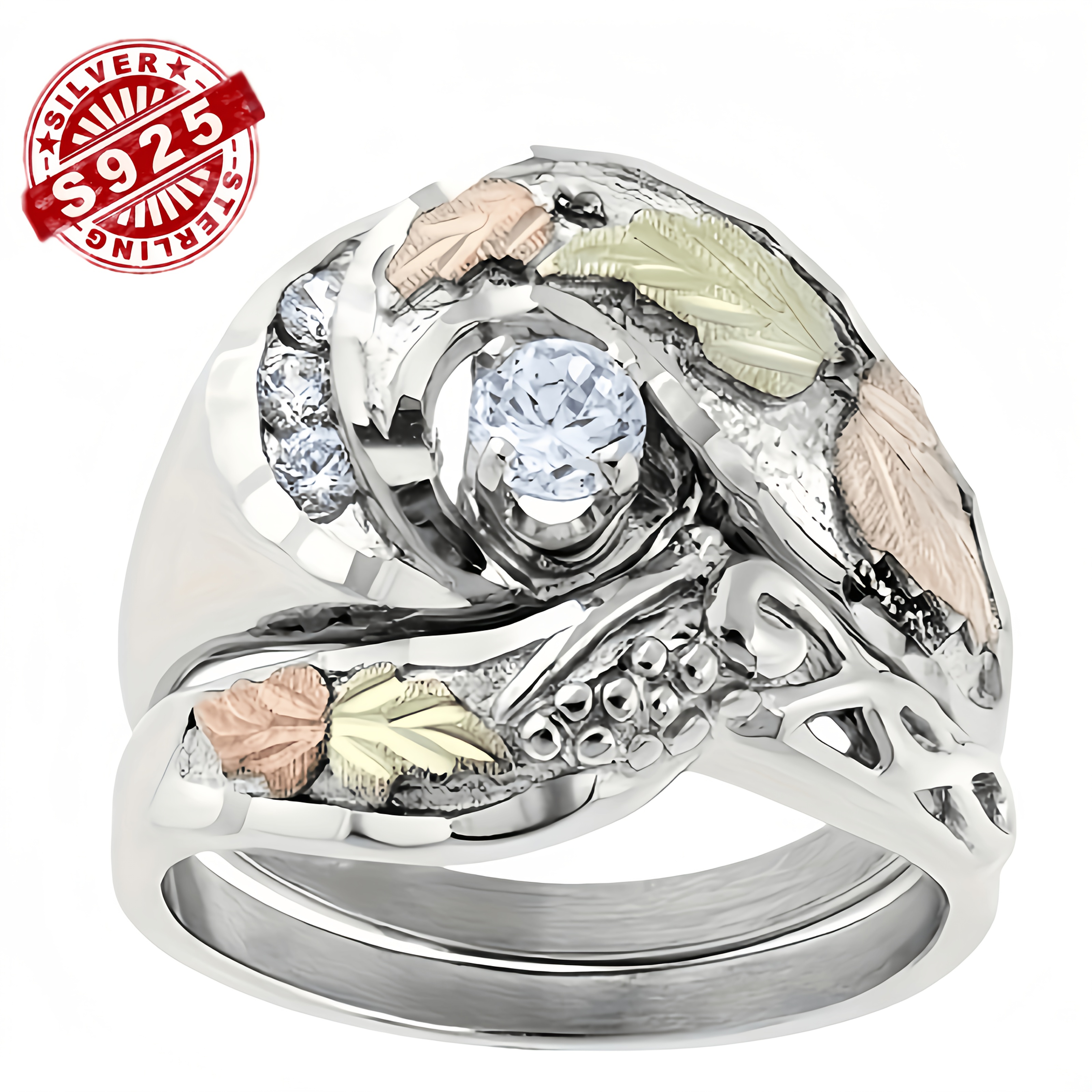 TEMU Ensemble Élégant de 2 Bagues pour Femmes en Argent 925, Style Rétro Bohème avec Motif Feuille d'Érable et Incrustation de Synthétique 5A, Idéal