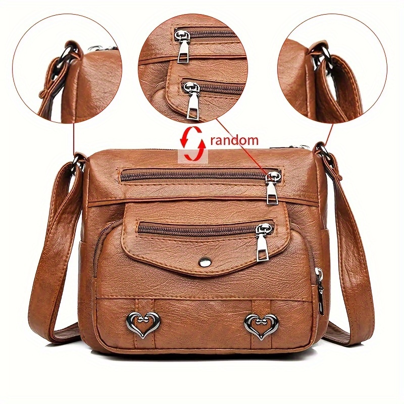 TEMU Chic Heart Charm Crossbody Bag For Women - Adjustable Strap, Multiple Pockets, Vintage- - Ideal For School, Daily , Shopping & Travel - Stylish, Practical & Spacious In Light Brown/black