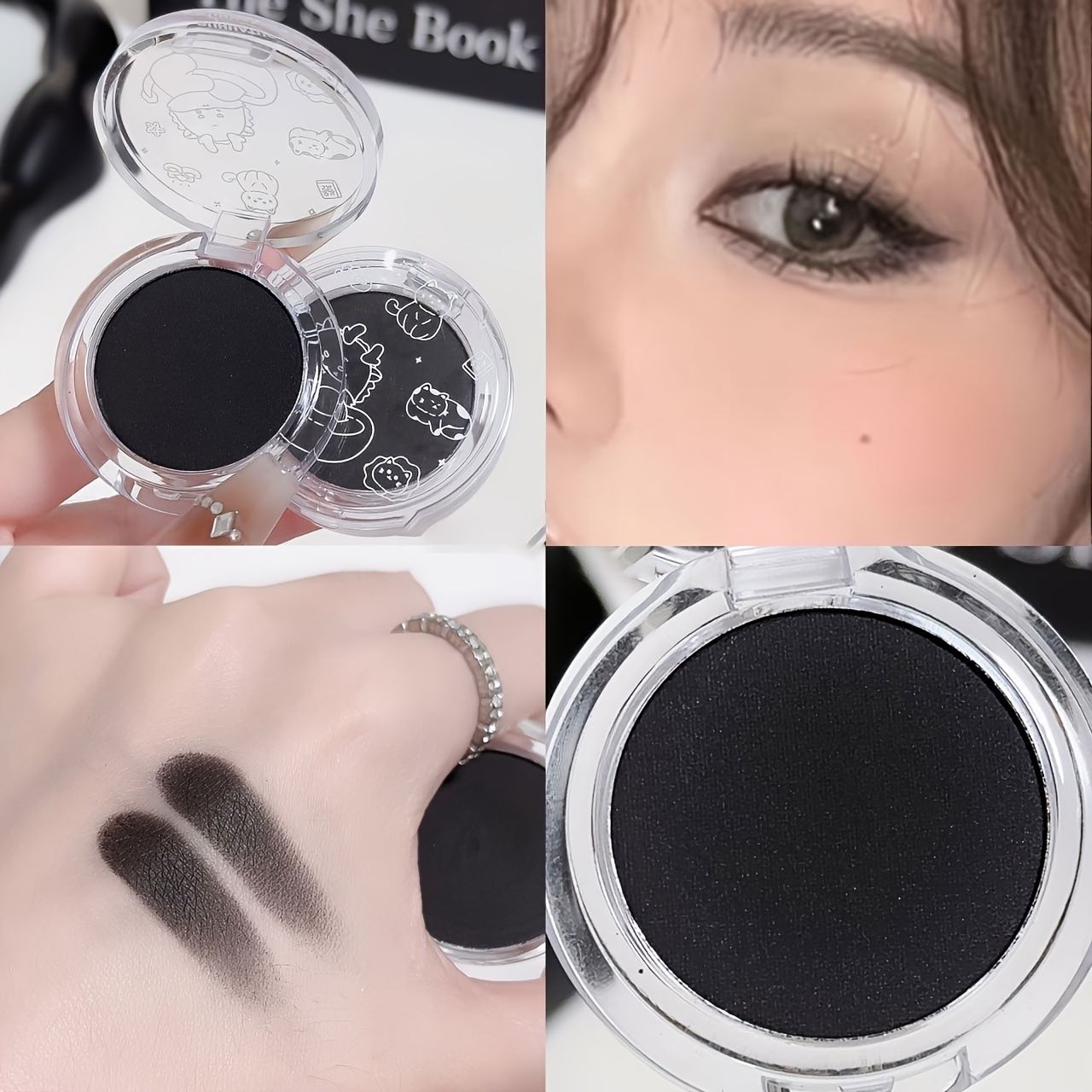 Image of Shimmery Monochrome Eyeshadow Glitter, Shining , Waterproof And Long-lasting, In A Cute Cartoon With High Aesthetic Value, Mini Round Box For Easy Carrying, Black Eyeshadow.
