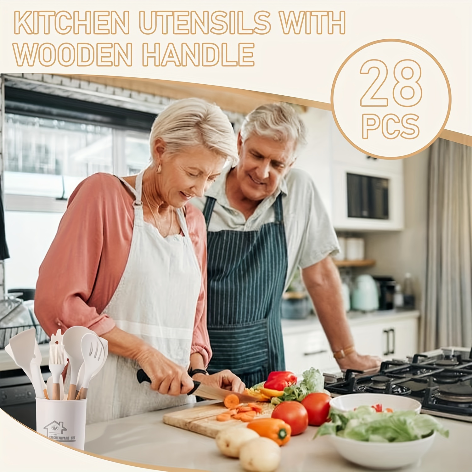 Food-Grade Silicone Cooking Tool Set With Wooden Handles And Stands, BPA-Free Non-Stick Cookware Gadgets For Baking, Stirring And Serving