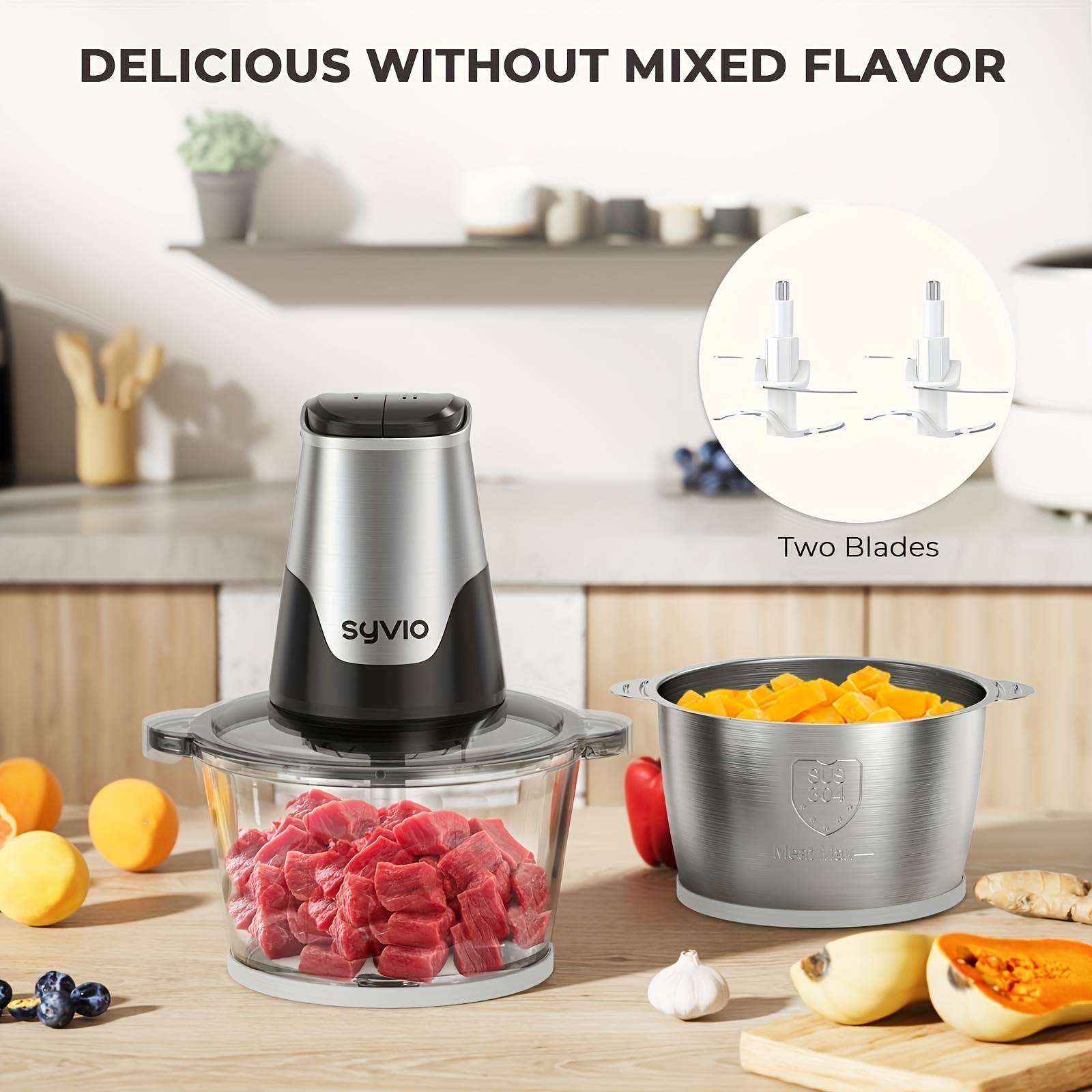   food processors with 2 bowls meat grinder 4 bi level blades mini electric food chopper 450w for baby food meat onion vegetable chopper 2 speed 8 cup and 8 cup christmas gifts Product details 3
