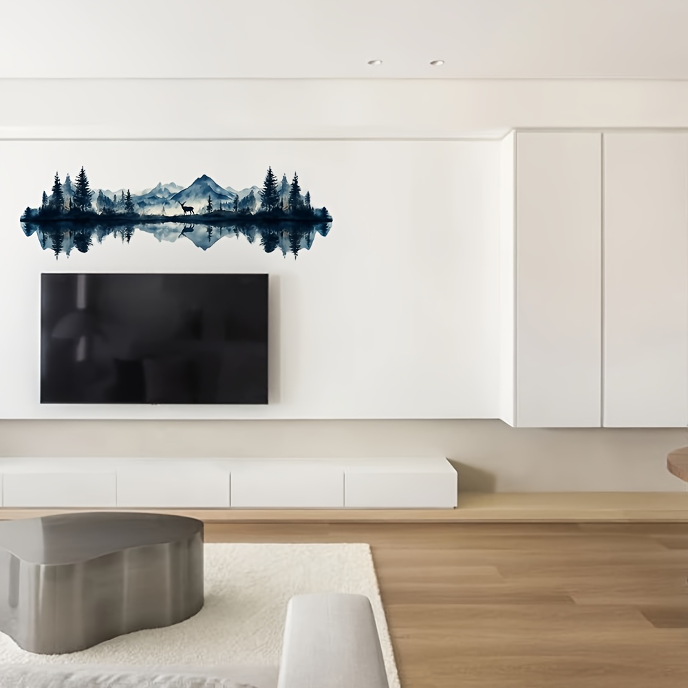 Image of A Modern And Stylish Watercolor Silhouette Wall Sticker Featuring A Forest, Deer, And Water , Suitable For Home And Office Decor, Self-adhesive And Removable