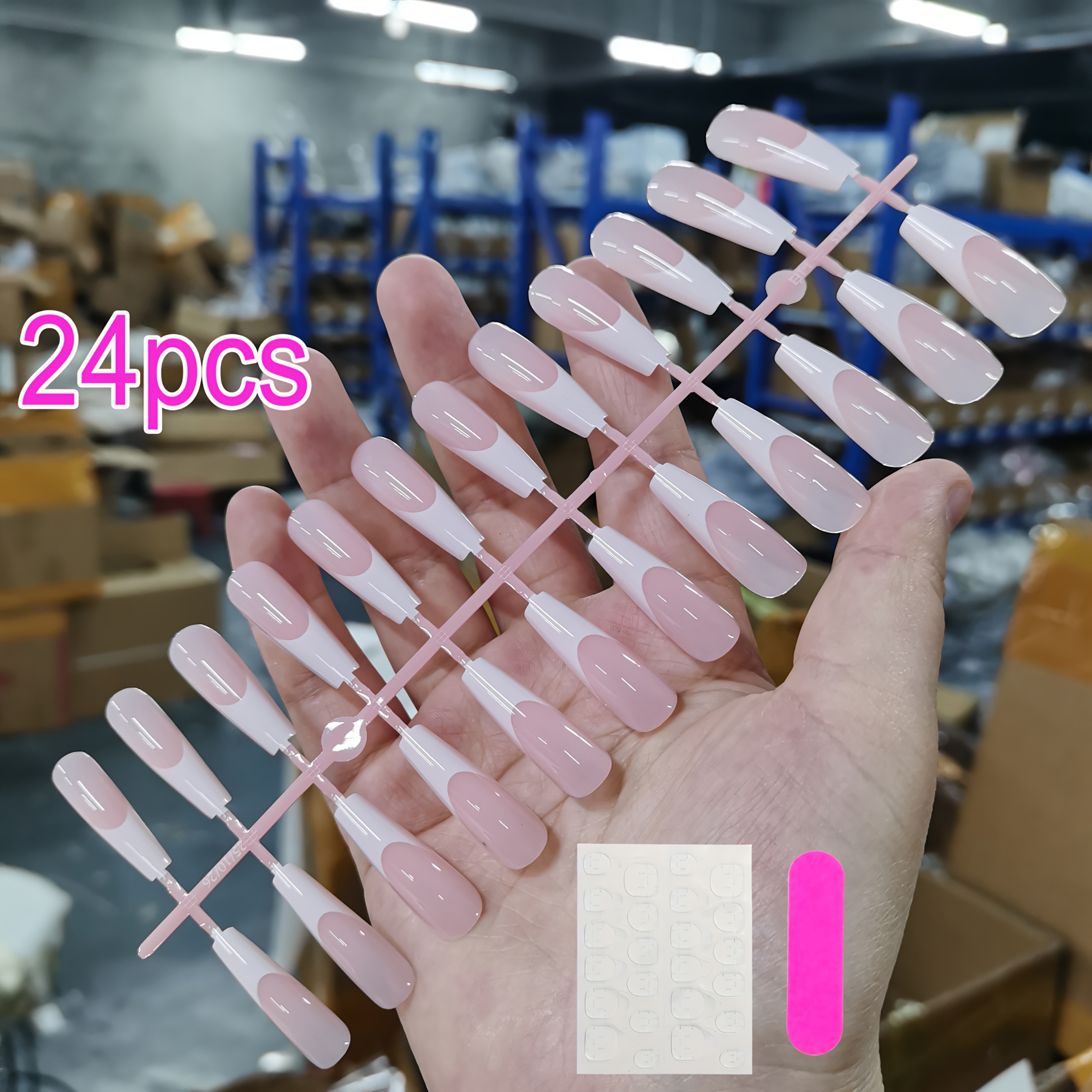 Image of 24pcs/bag Nude Pink Long Ballet On Nails With White Eage, Glossy Finish Full Cover Fake Nails, Press-on Nails False Nails Soft Gel Nail Tips For Nail Extension