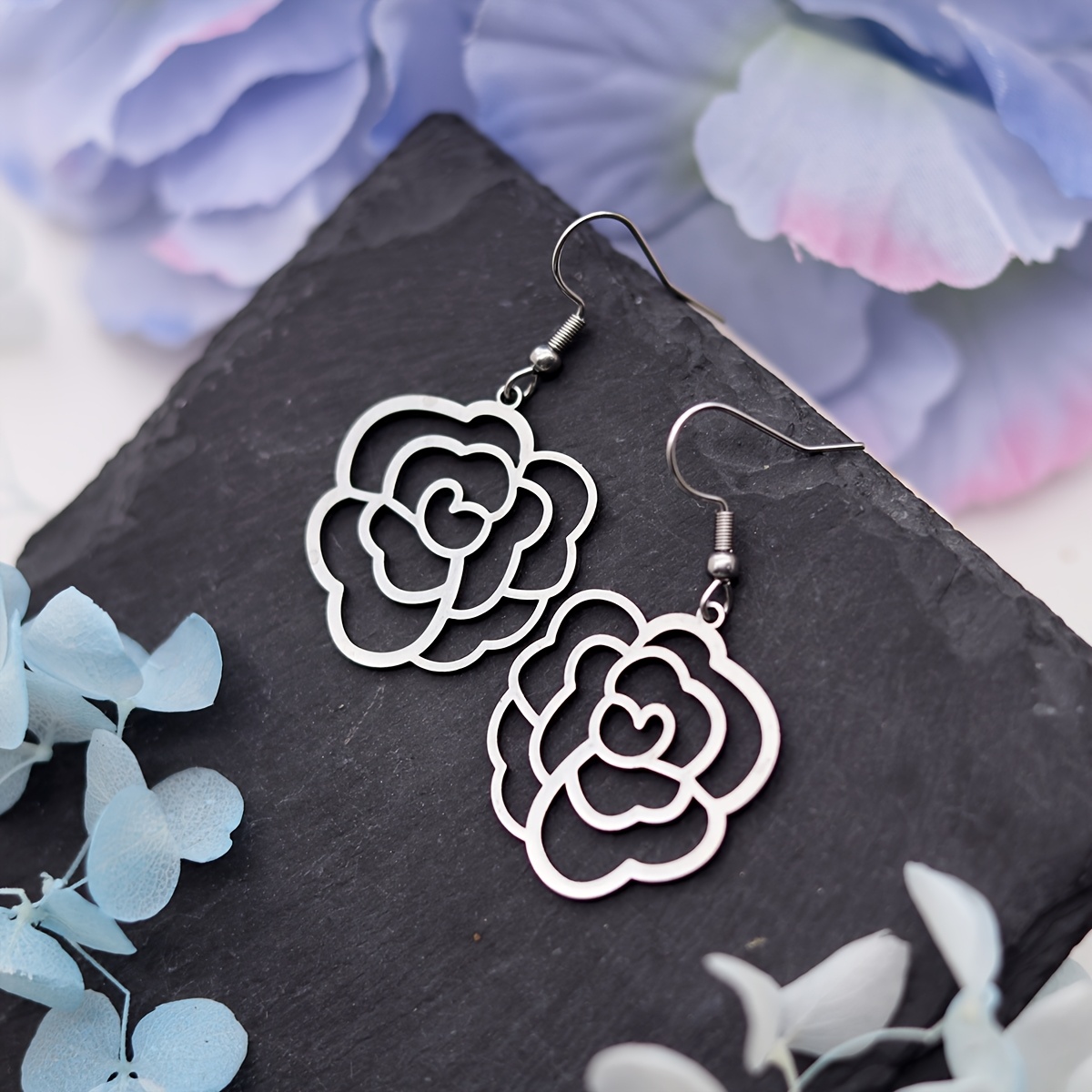 Vintage Rose Flower Stainless Steel Earrings, Elegant Design