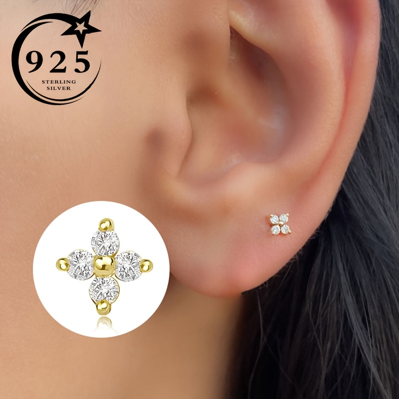 

Nostril Rings S925 Silver Flat Piercing Synthetic Zirconia Geometric Flower Earrings Small Nose Lip Ear Bone Wedding Jewelry Halloween & Christmas & Thanksgiving 0.4g/ 0.014oz