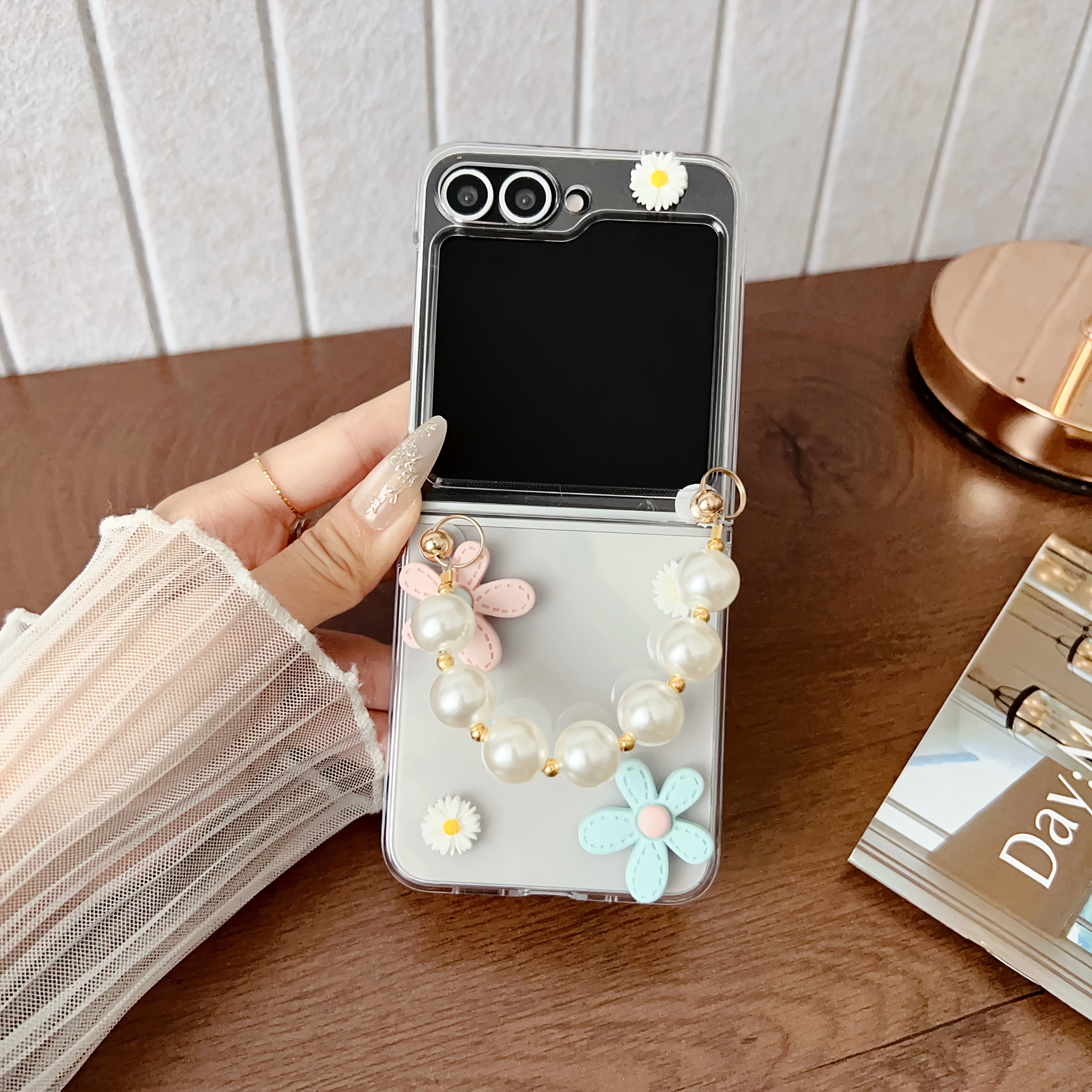 TEMU Phone Case - New Summer Folding Phone Case With Pearl Chain Suitable For Galaxy Z Flip 3 4 5 6 Folding Phone Case