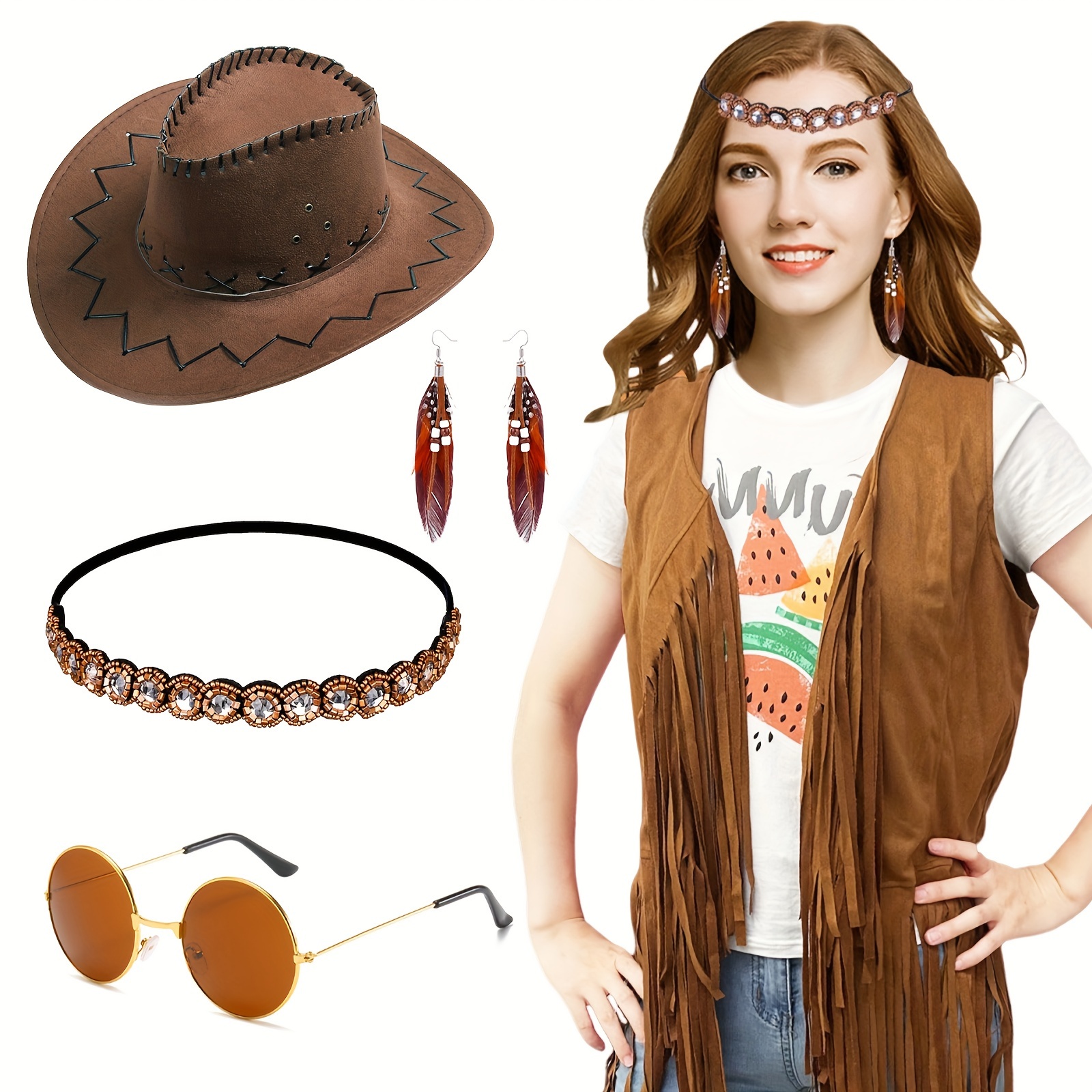 Costume de cowgirl occidental pour femme, tenue de cowgirl 9 pièces avec chapeau de cowboy à pampilles, gilet à franges, kit de bijoux (taille XXL) | Faux Turquoise Accessories and Fringe Details