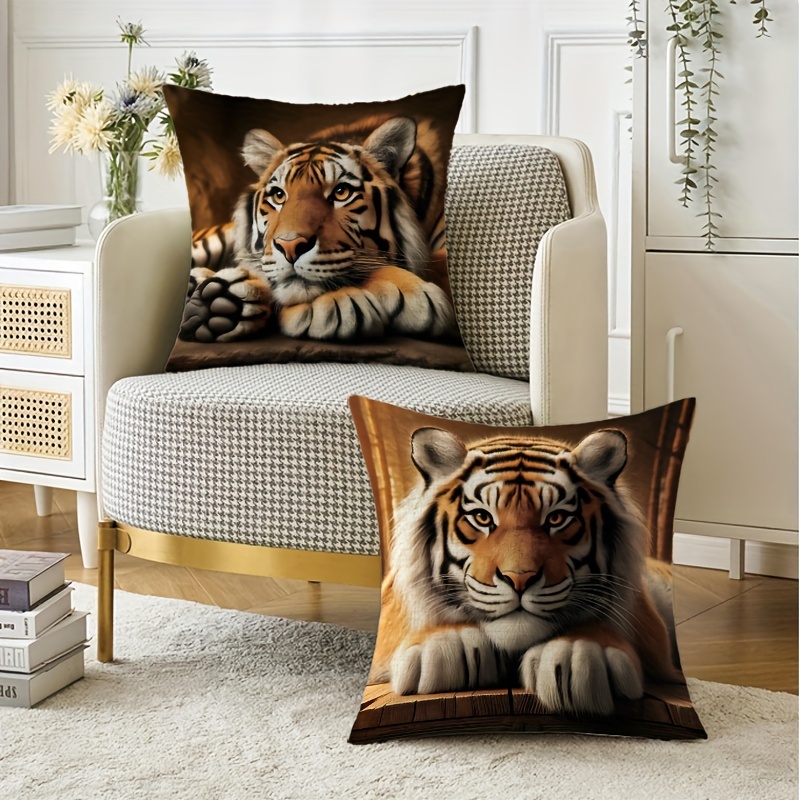 

2pcs Soft & Tiger Print Linen Throw Pillow Covers, Zippered Polyester Cushion Cases For Living Room, Bedroom, And Car Decor - Machine Washable, No Insert Included