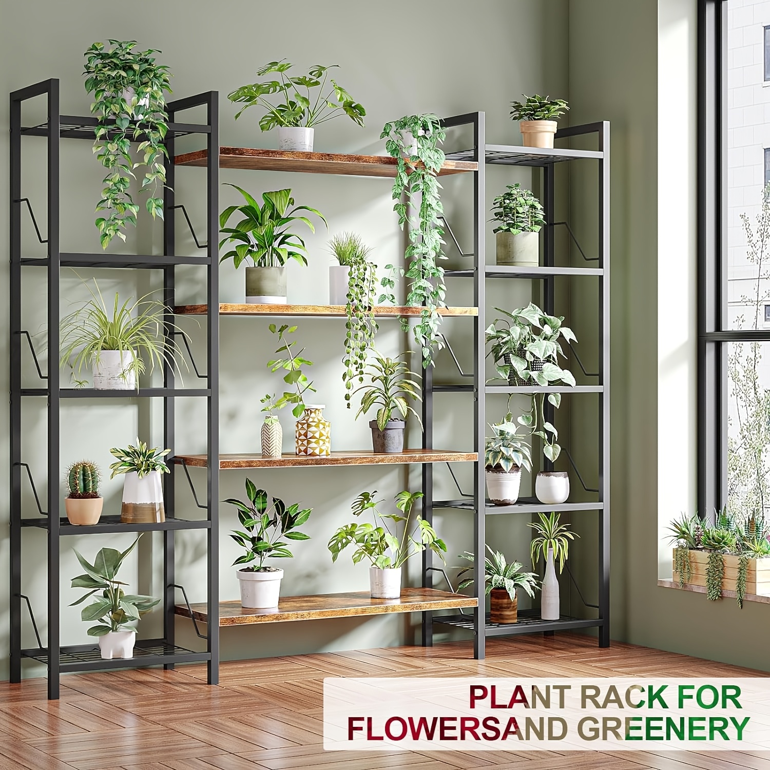 TEMU 1pc 5 Tier Corner Bookcase, Metal Flower Stand For Plants, Magazine Holders, Wood And Metal Corner Bookcase For Living Room, Kitchen, Home