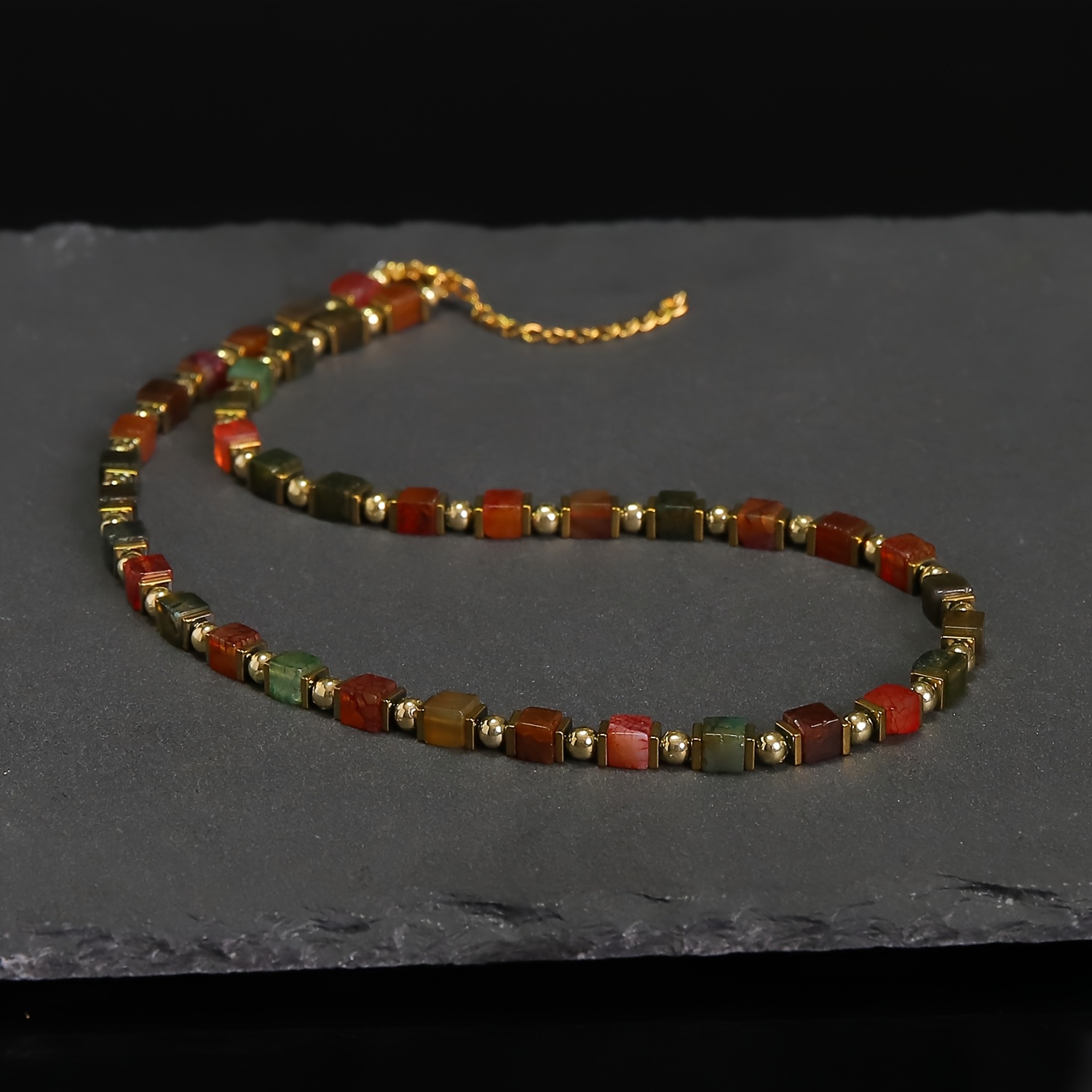 Hand-Strung Square Agate Beaded Necklace with Golden-Tone Accents