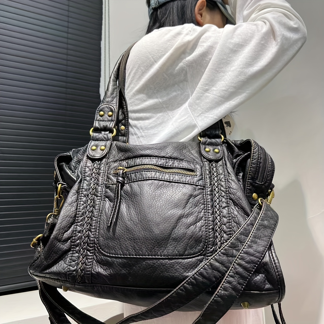 womens y2k vintage synthetic leather tote bag multi pocket - Temu