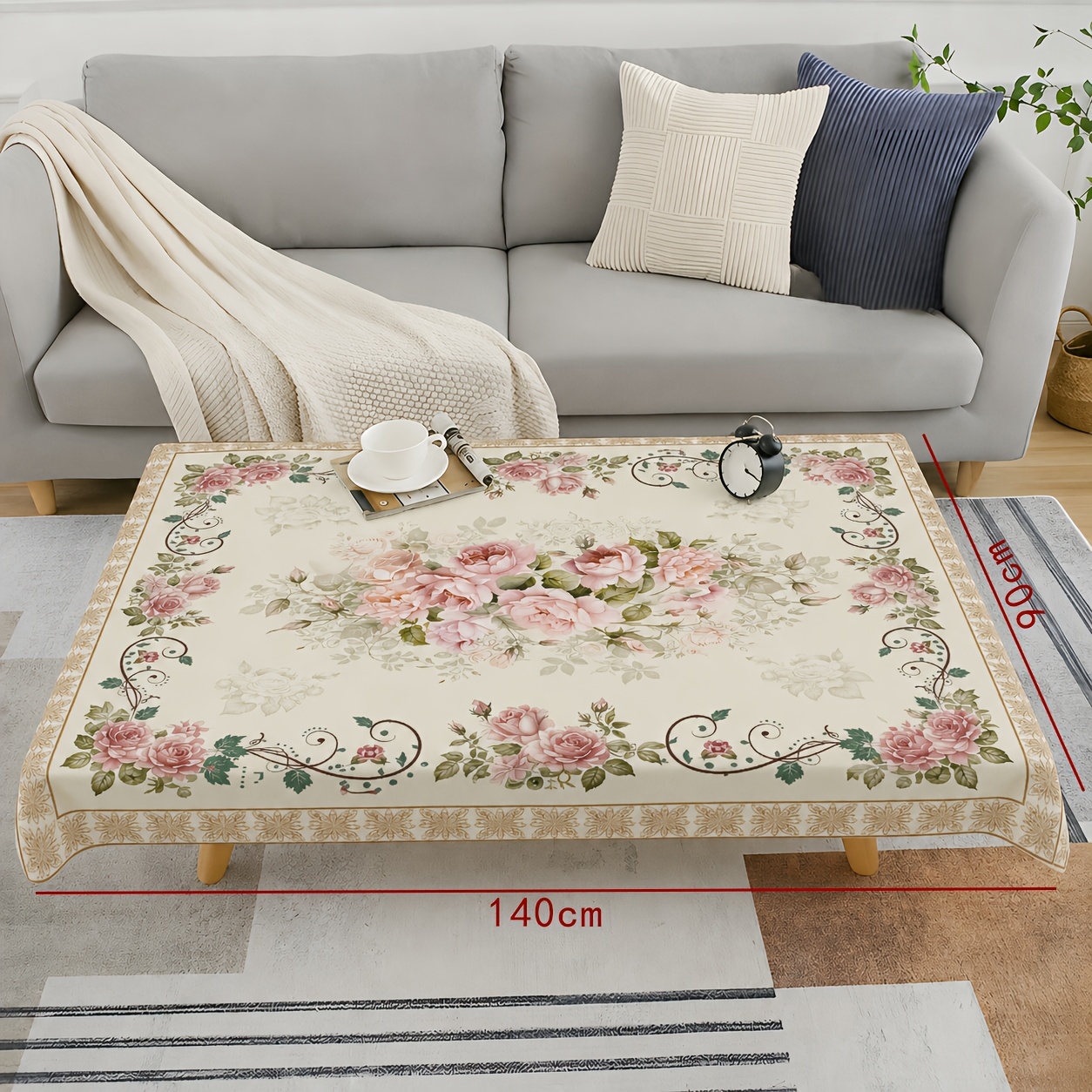 TEMU 1pc Spring/summer Romantic Design Rectangular Tablecloth, Elegant Floral Print Rectangular Table Cover, Household Kitchen Table Protector Mat,