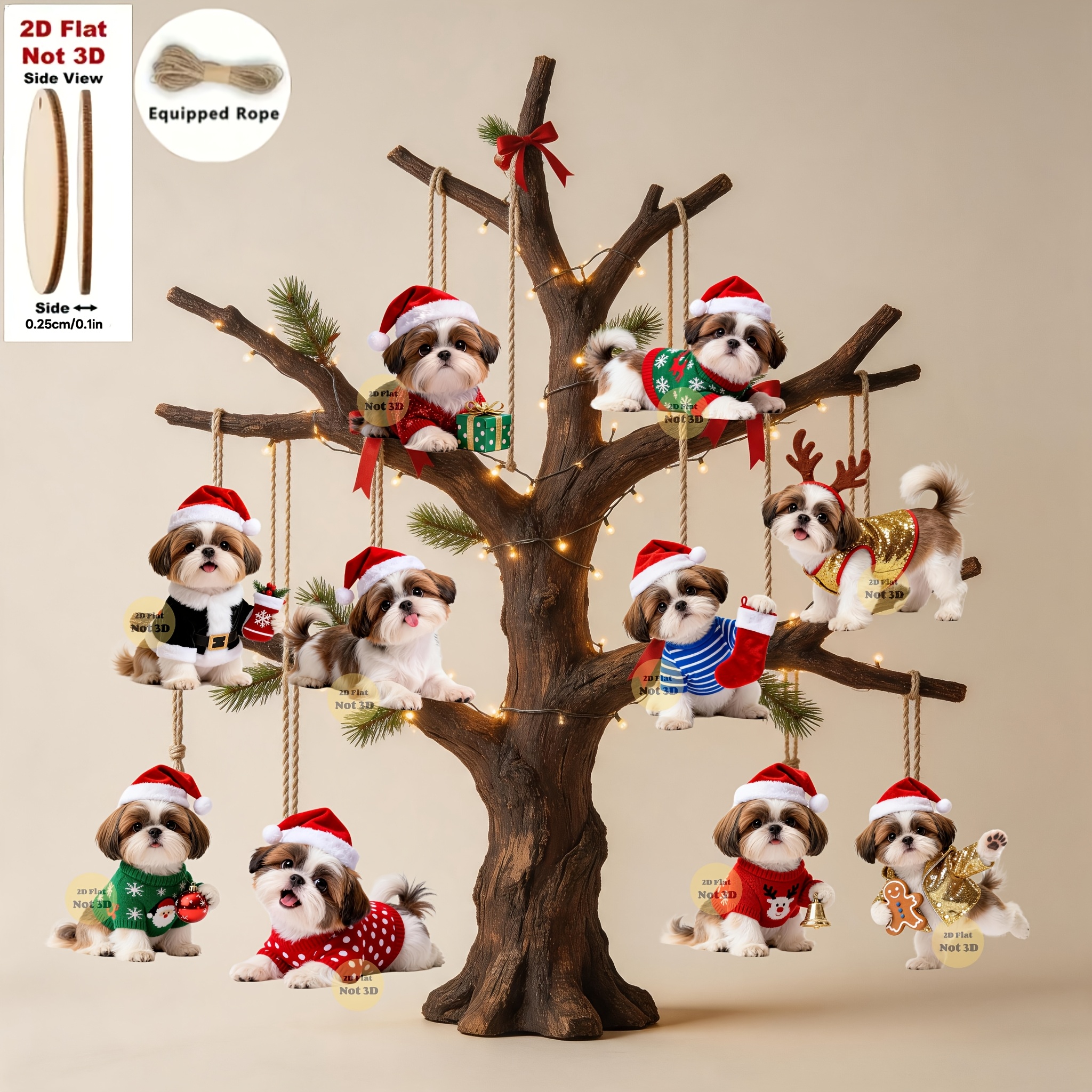 TEMU Piatto 2D, 10 pz Ornamenti Natalizi Natalizi in Legno Shih Tzu - Simpatiche Decorazioni a Forma di Cane Shih Tzu Adatte per Puntale per Albero,