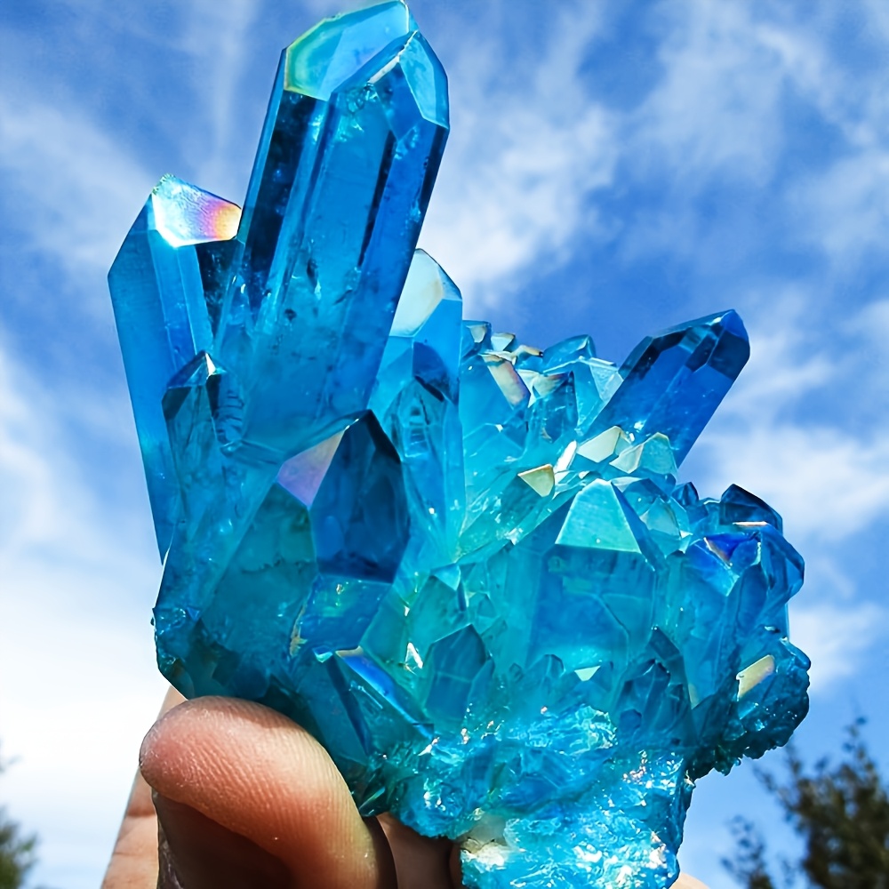 1pc Natural Blue Aura Titanium Crystal Quartz Cluster - Rare Suitable For Decor, Birthdays, Graduation Gifts, Irregular Shaped Crystal For Jewelry Making Or Decoration, Natural Crystal For