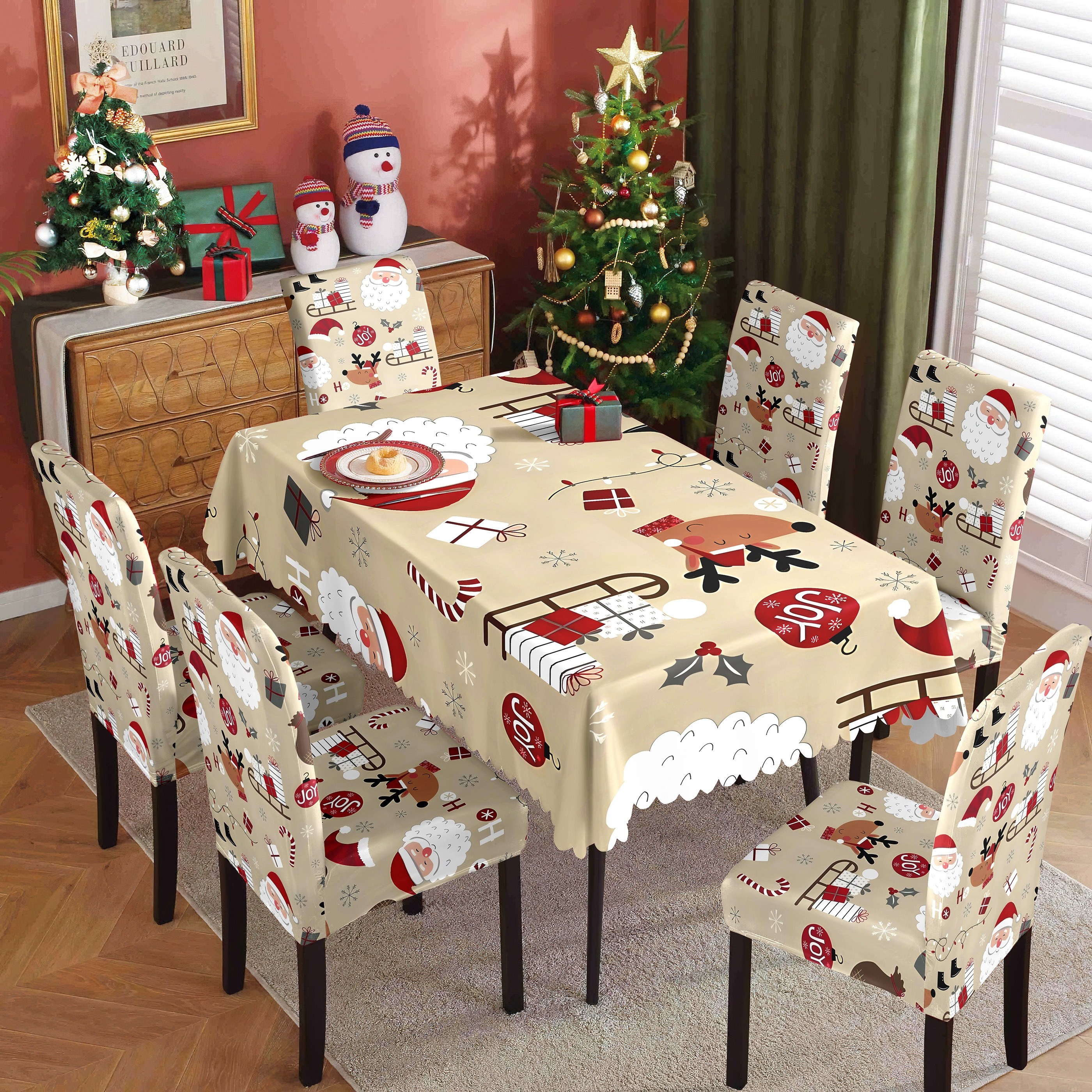 

4/6pcs Festive Christmas Chair Covers - Santa & Reindeer Sleigh Print, Stretchable Milk Silk Slipcovers Toward Holiday Party Decor, Machine Washable