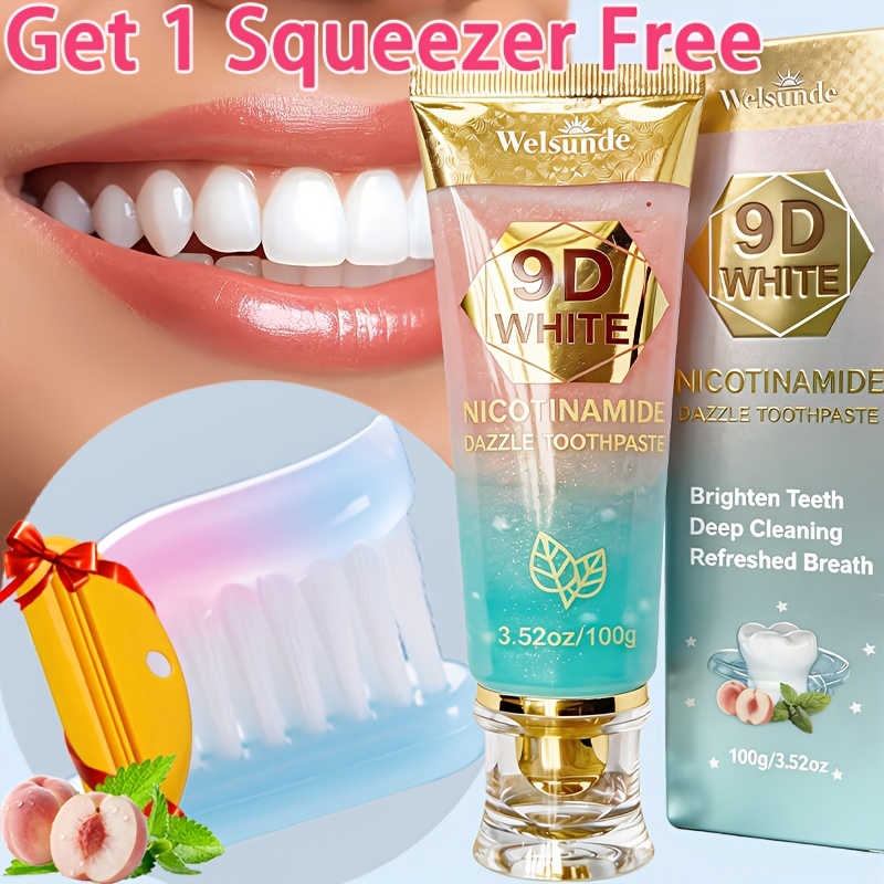 Tube Of Toothpaste And A Complimentary Toothpaste Squeezer. This 9d White Nicotinamide Dazzle Toothpaste Features Hydroxyapatite And Nicotinamide For A Smile