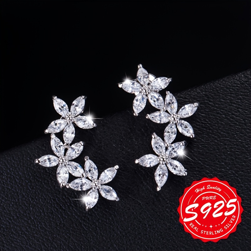 TEMU Elegant 925 Sterling Silver Floral Drop Earrings With Cubic Zirconia - Lightweight, Hypoallergenic, & Gifting, Ideal Day Accessory, Fashion Jewelry, Day Gift|floral Earrings|lightweight Earrings