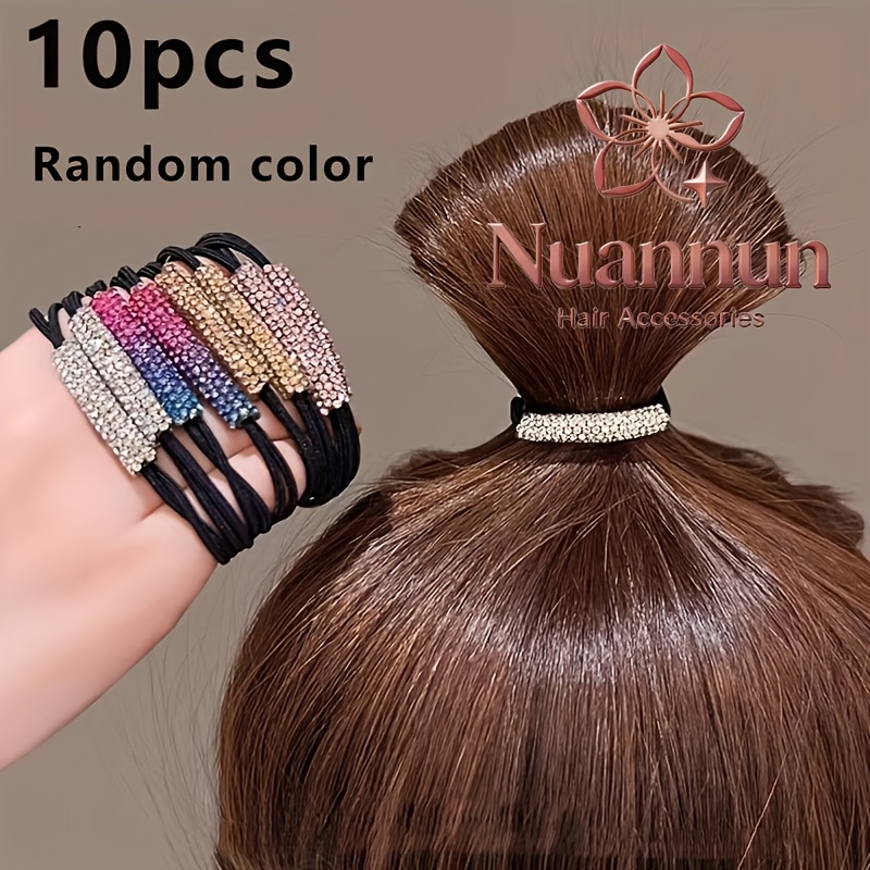 Image of 10pcs Random Color Ultra-shimmering Rhinestone All-match Hair Scrunchies High Elasticity Durable Basic Hair Ties