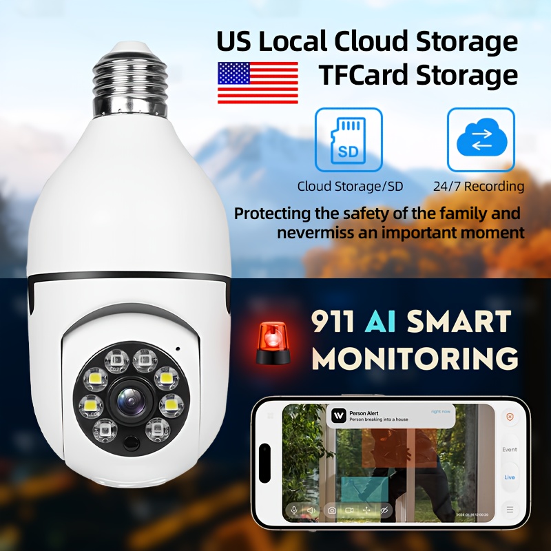 TEMU 1pc Smart Bulb Security Camera | Night Vision, Motion Detection, Audio, , Streaming | Remote Monitoring, Pet Monitoring, For Indoor, Courtyard,